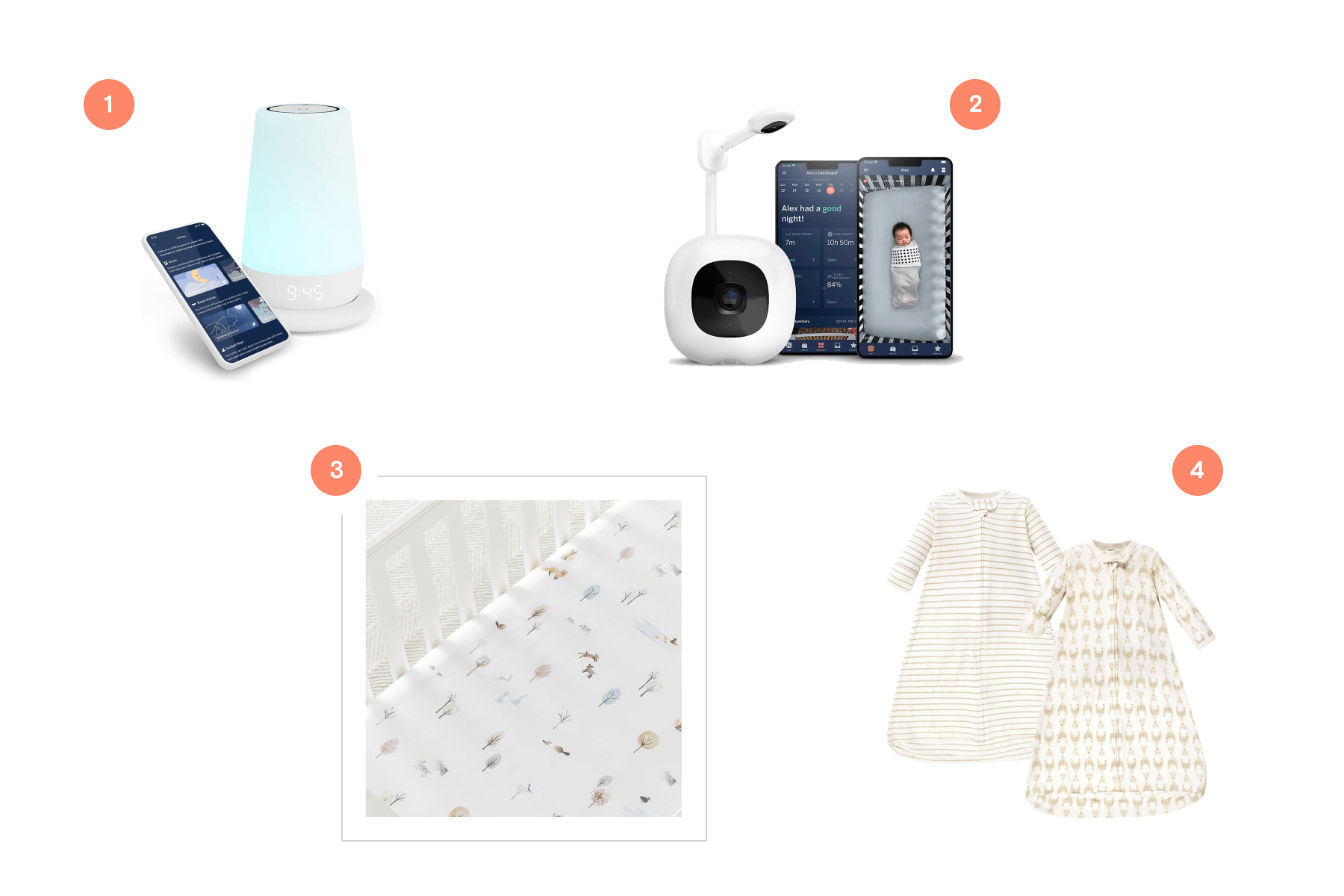 Four numbered baby items: A sound machine, a crib monitor, a crib sheet, and two sleep sacks.