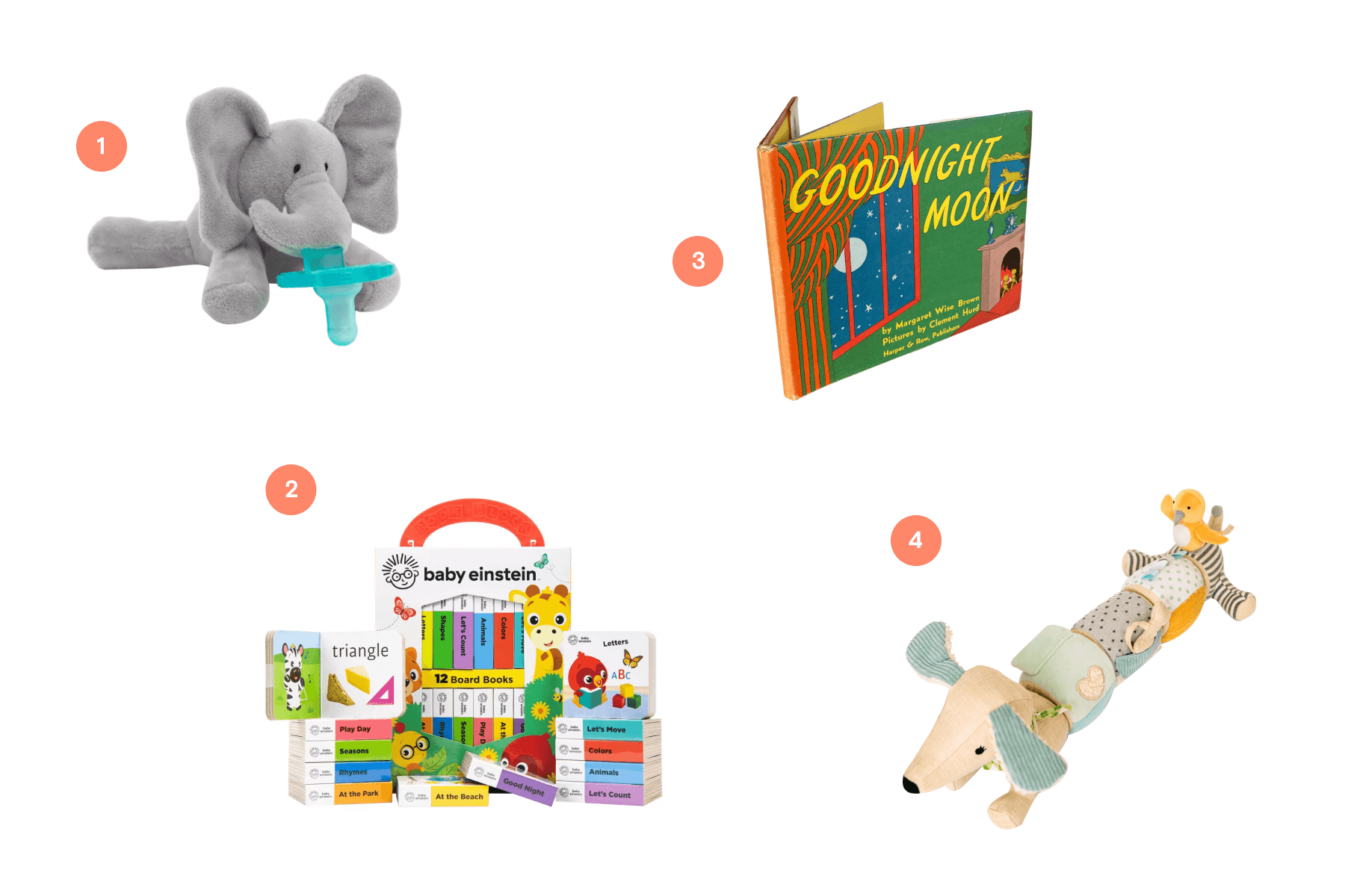 Four numbered baby items: An elephant pacifier toy, Baby Einstein books, a Goodnight Moon book, and a colorful dachshund toy.