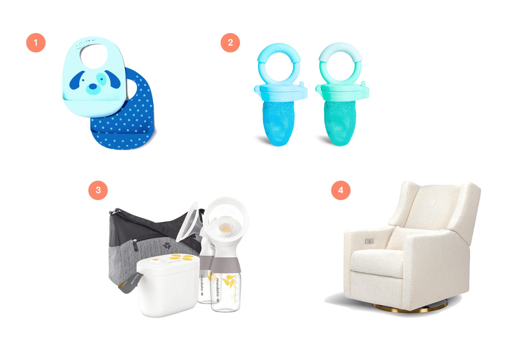 Four numbered baby items: Blue bibs, two food feeders, a breast pump kit, and a white recliner chair.
