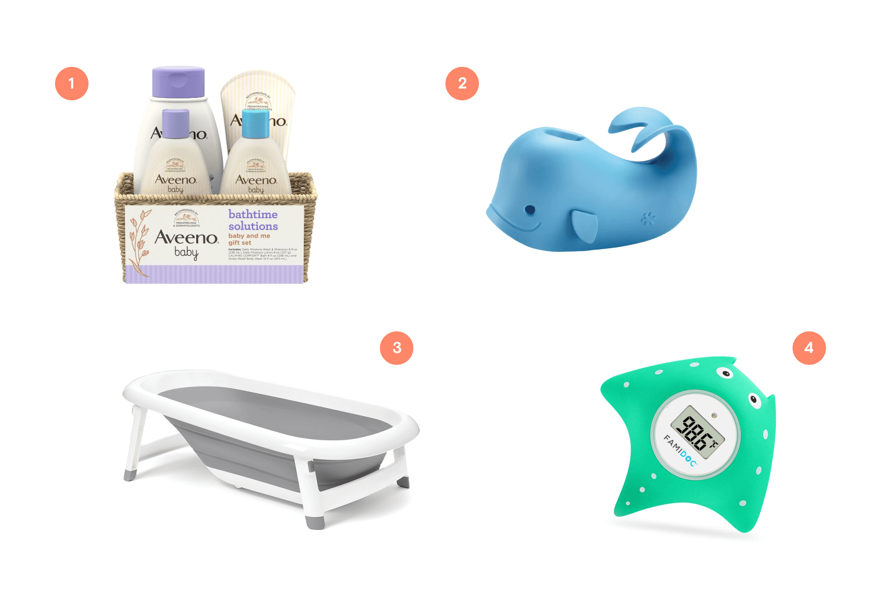 Four numbered baby items: A basket of four Aveeno bath products, a whale-shaped tub spout cover, a baby tub, and a green thermometer shaped like a manta ray.