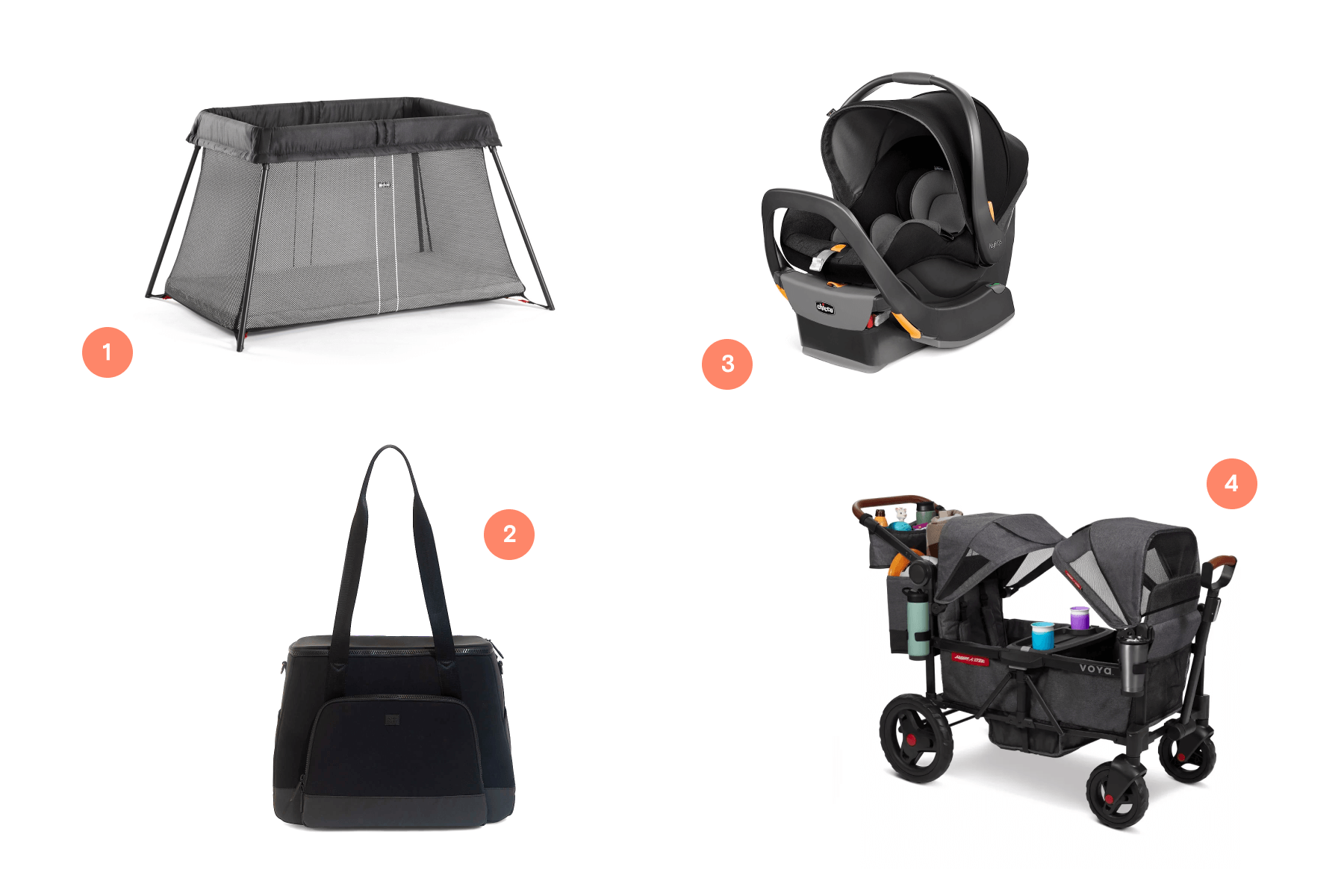 Four numbered baby items: A travel crib, a black diaper bag, a car seat, and a wagon-style stroller.
