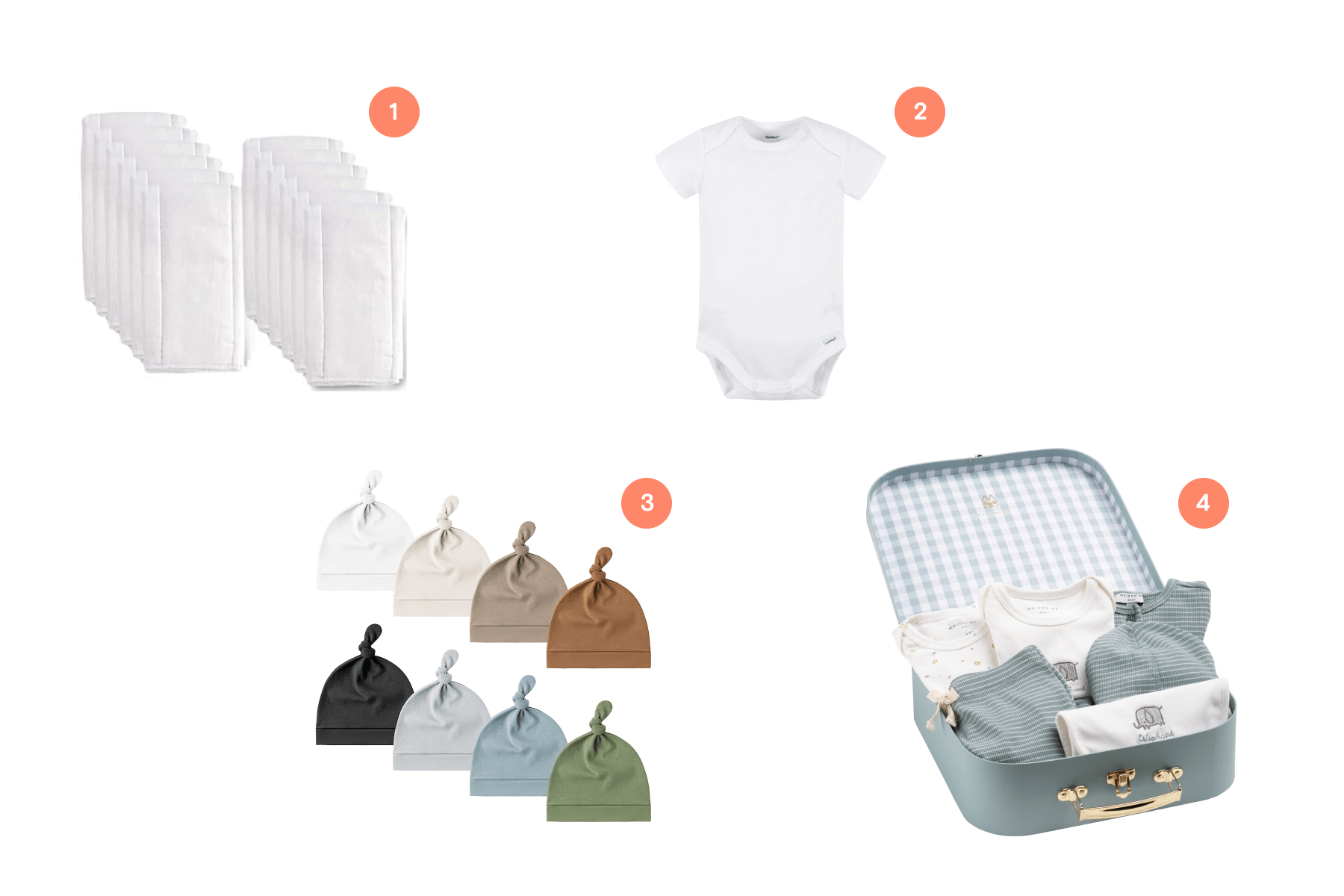 Four numbered baby items: A pack of cloth diapers, a white onesie, eight baby hats in various colors, and a light blue luggage-inspired case folded baby clothes inside.