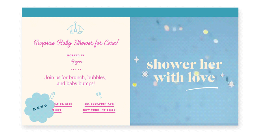 An online invitation for “A surprise baby shower for Cara” has a small illustration of a celestial baby mobile and a gif on the right with confetti falling on a blue background and the words “shower her with love.”