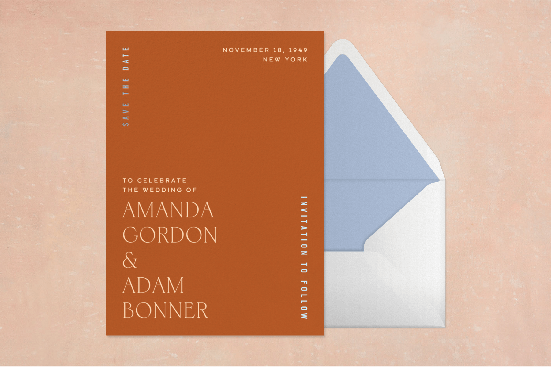 Rust-colored save the date invitation with minimalist pale pink text paired with a white envelope with a periwinkle liner.