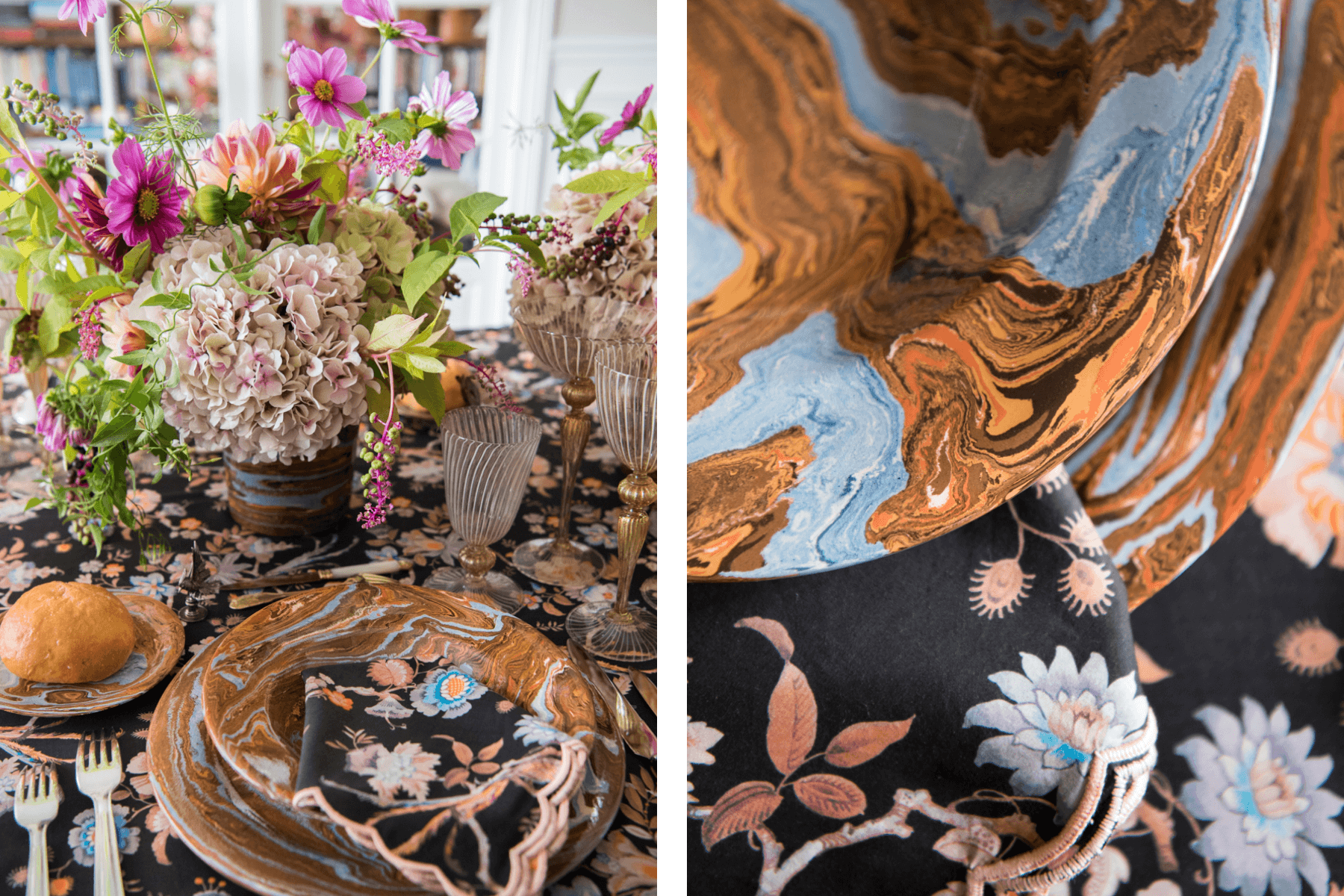 Left: Dinner table set with black floral tablecloth, marbled plates, and purple flower arrangement. Right: Same dinner table but cropped image of marbled plates. 
