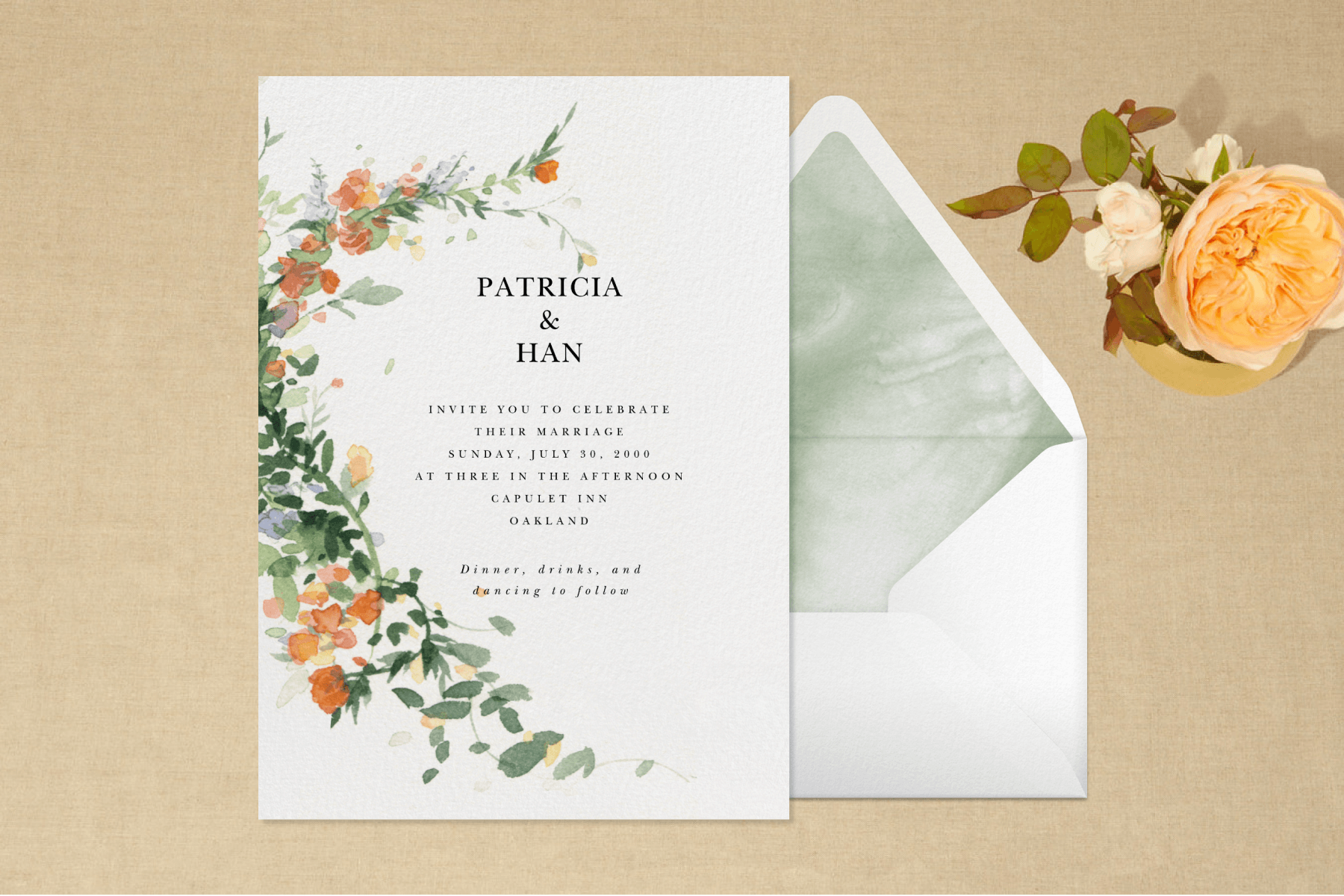 Wedding invitation with watercolor floral illustration featuring orange and yellow flowers.