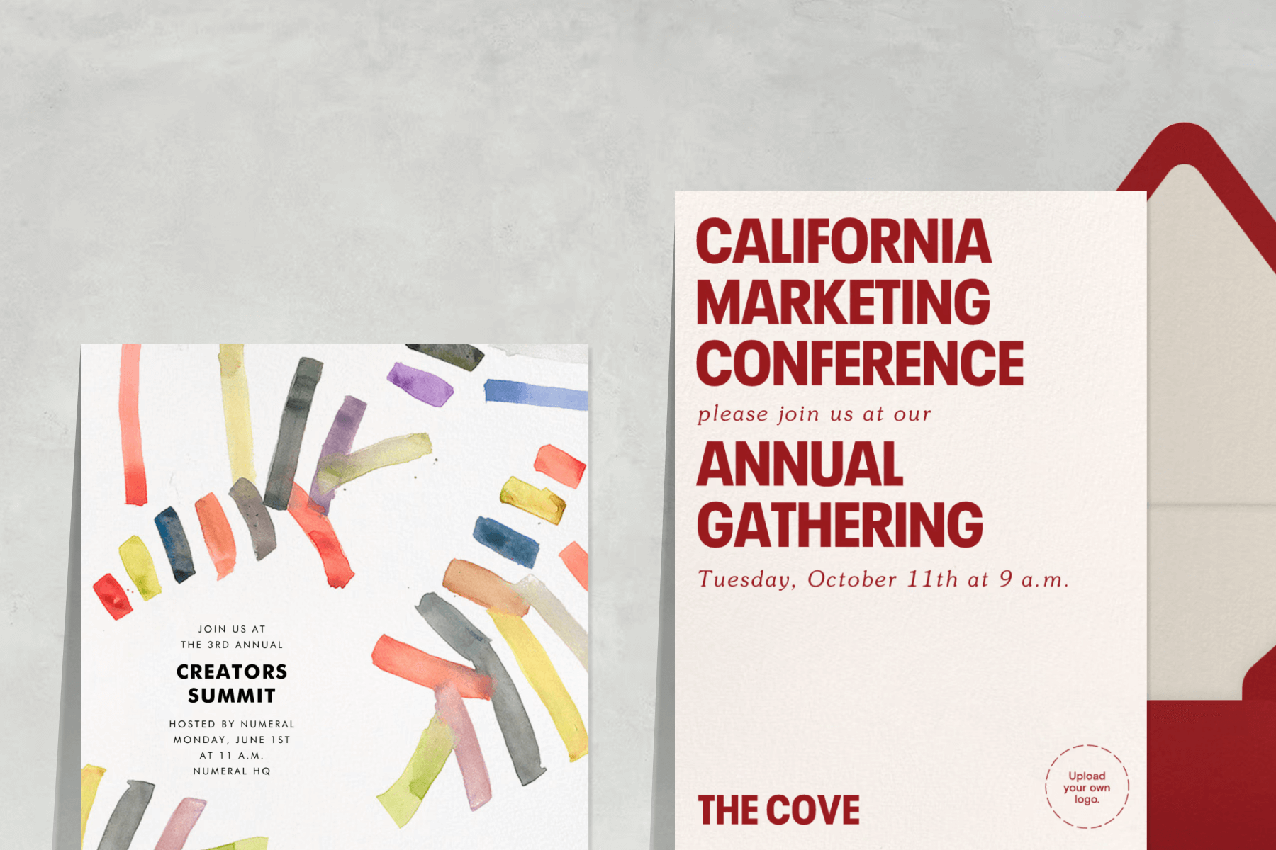 A textured gray background featuring two event invitations, the first featuring colorful watercolor illustrations with text that reads ‘creators summer’ and the second with a cream background and red text paired with a red envelope.