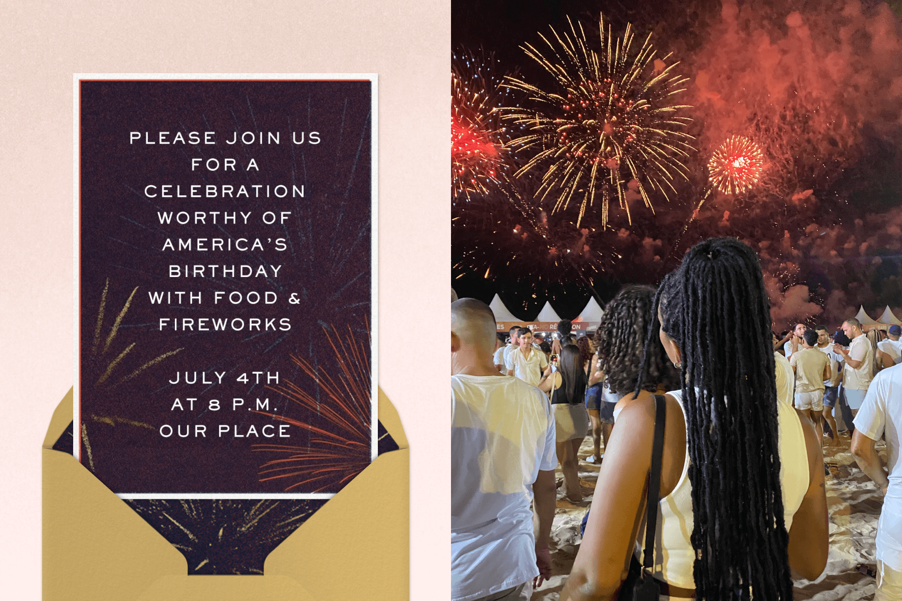 A firework-themed 4th of July party invitation sits atop a gold envelope with a firework motif interior, against a textured light pink backdrop. Right: An image of festival-goers watching fireworks soar through the night sky.