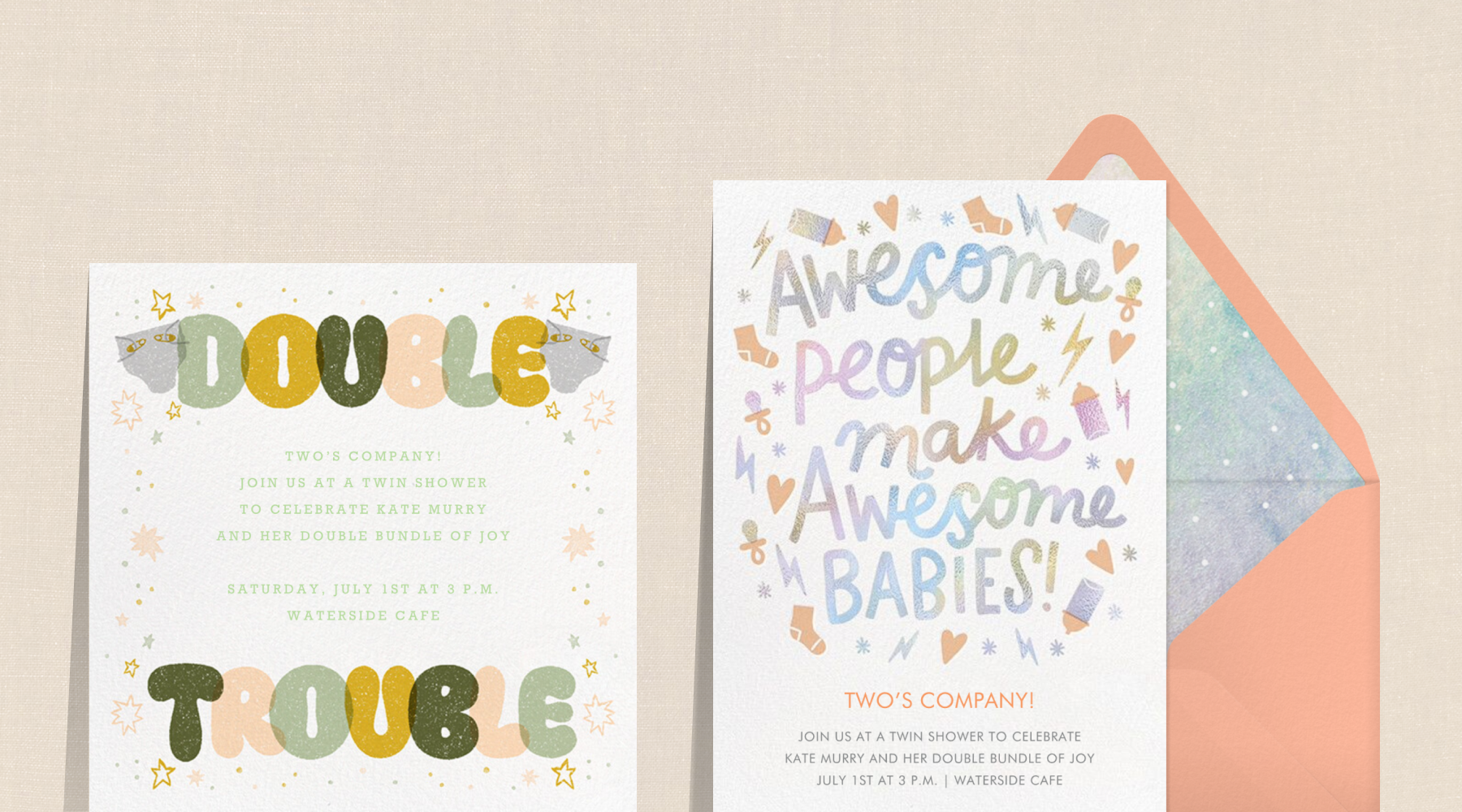 invitation that reads ‘double trouble’ in bubble letters; an invitation reads ‘awesome people make awesome babies’ with bottles, lightning bolts, and socks with a pink envelope