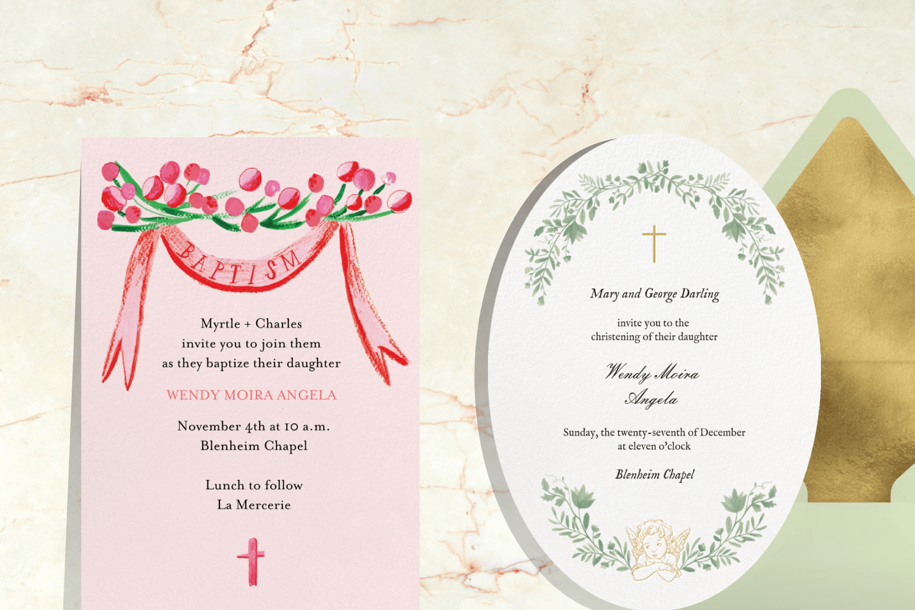 Two baptism invitations, one with a light pink background, pink and green floral details, a pink cross, and a pink banner that reads ‘BAPTISM,’ the other with a round shape, light green floral vine borders, and a gold angel and cross illustration, paired with a mint green envelope and gold envelope liner on a beige marbled background.