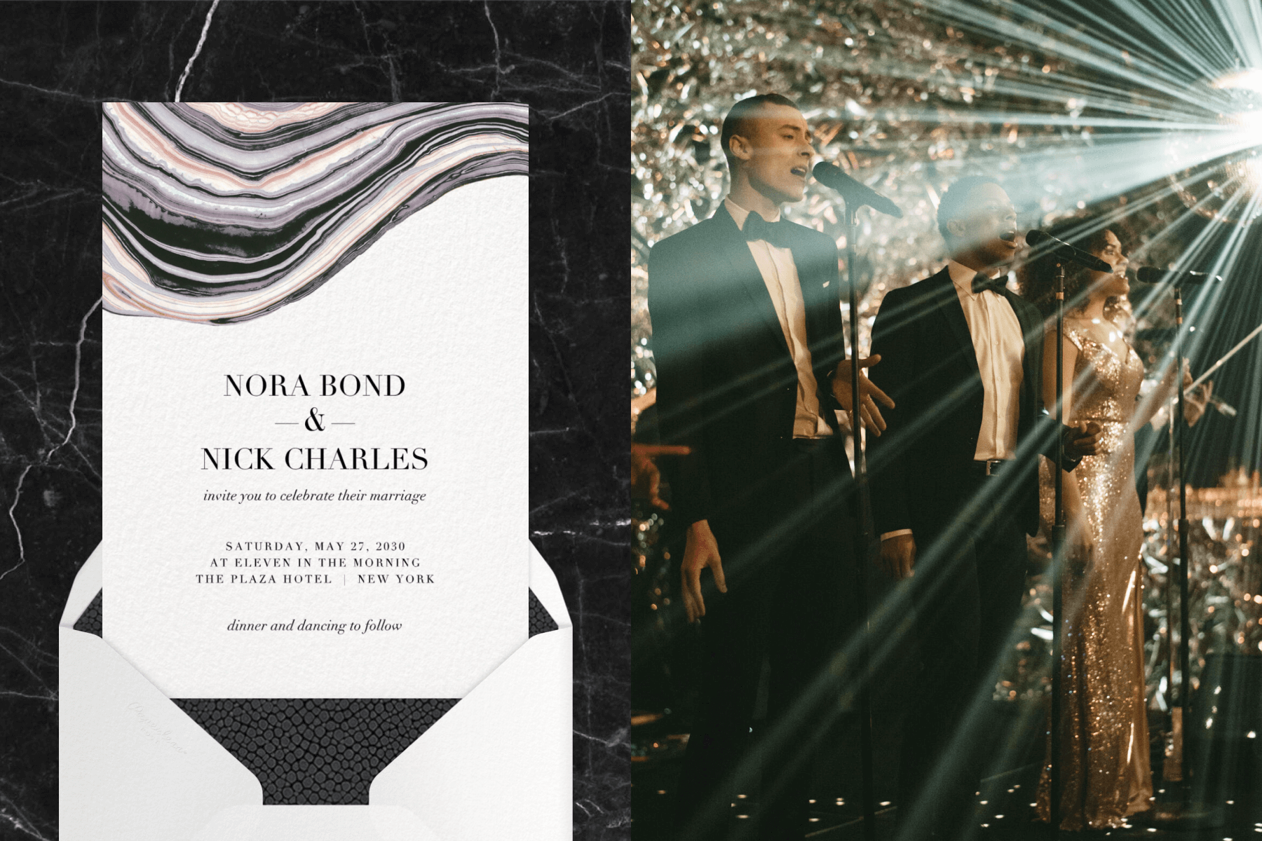 left: A white wedding invitation with a pink, purple, and black marbled pattern on the top on a black marble backdrop. Right: Three singers, two in tuxedos and one in a gold sequin gown, sing at microphones with a disco ball shining on them and a metallic backdrop.