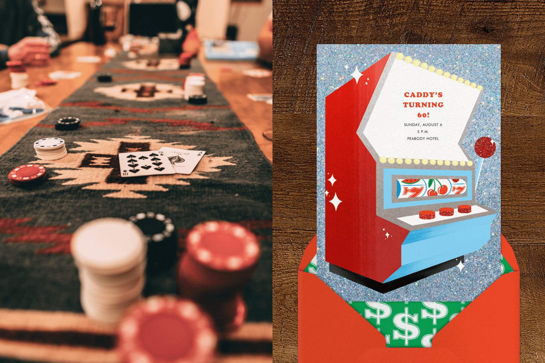 Left: Close-up photo of a poker table; Right: “One-Armed Bandit” invitation by Paperless Post featuring an illustration of a slot machine.