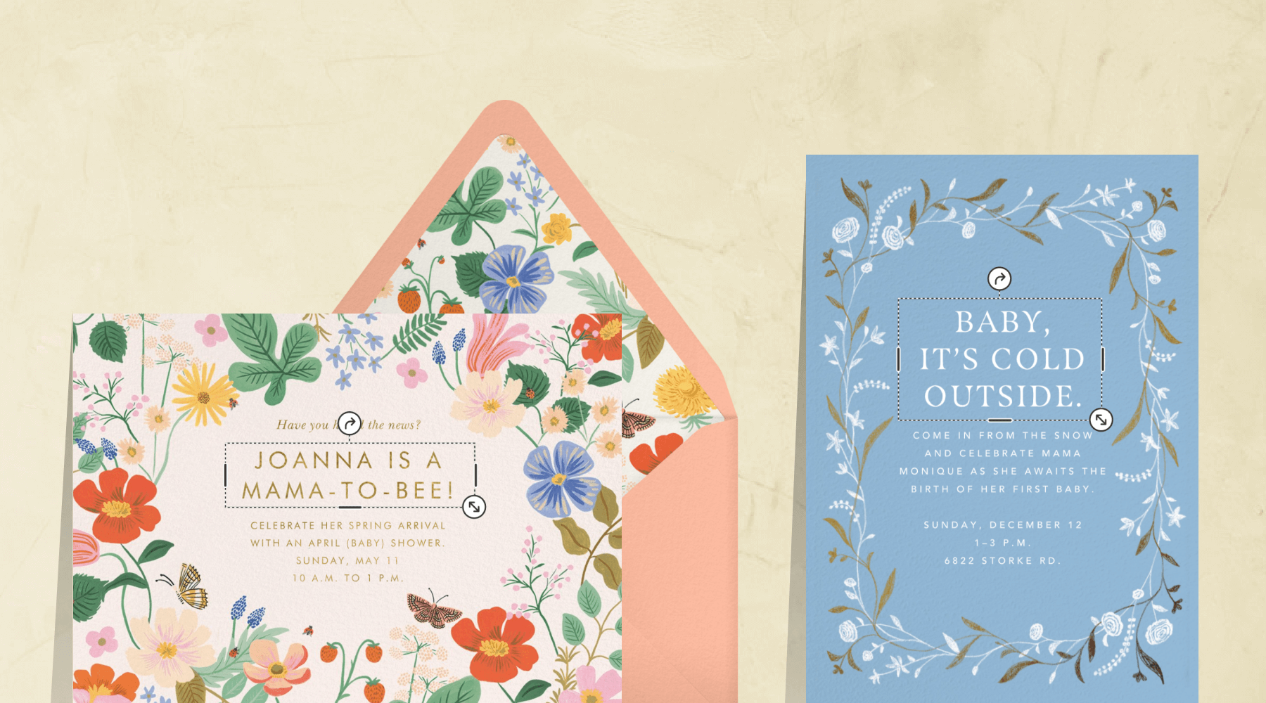 An invitation with colorful flowers and a matching pink envelope; a blue invitation with white and gold floral border.
