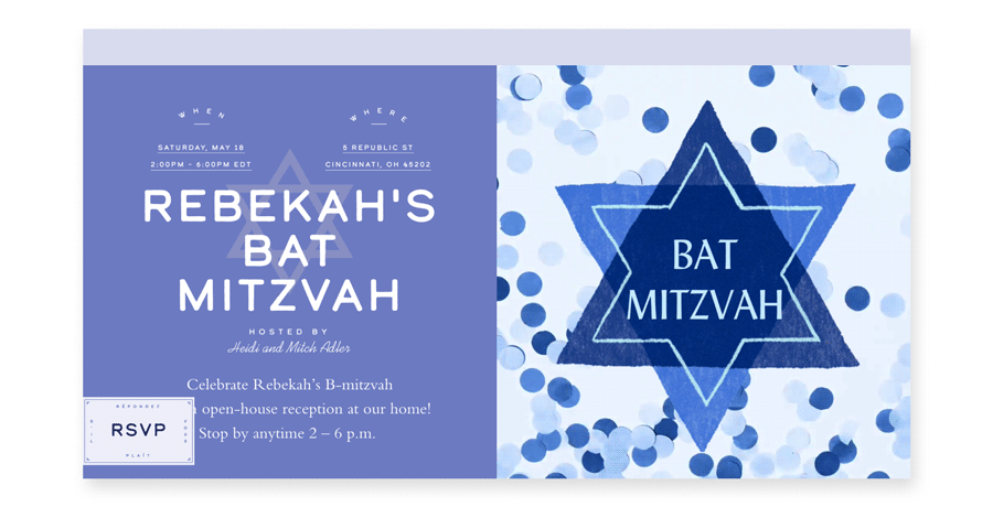 An animated online invite with a blue Star of David and matching confetti. 