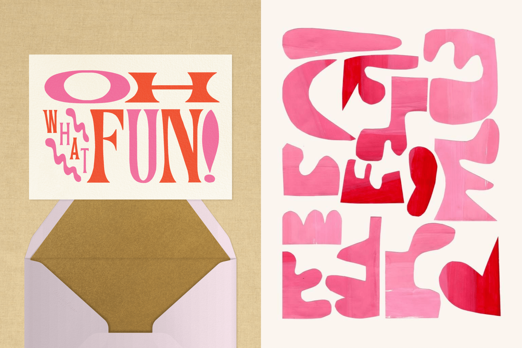 A card reads “OH WHAT FUN!” in large, curvy pink and red lettering. RIGHT: An abstract painting with various curvy shapes in pink and red.