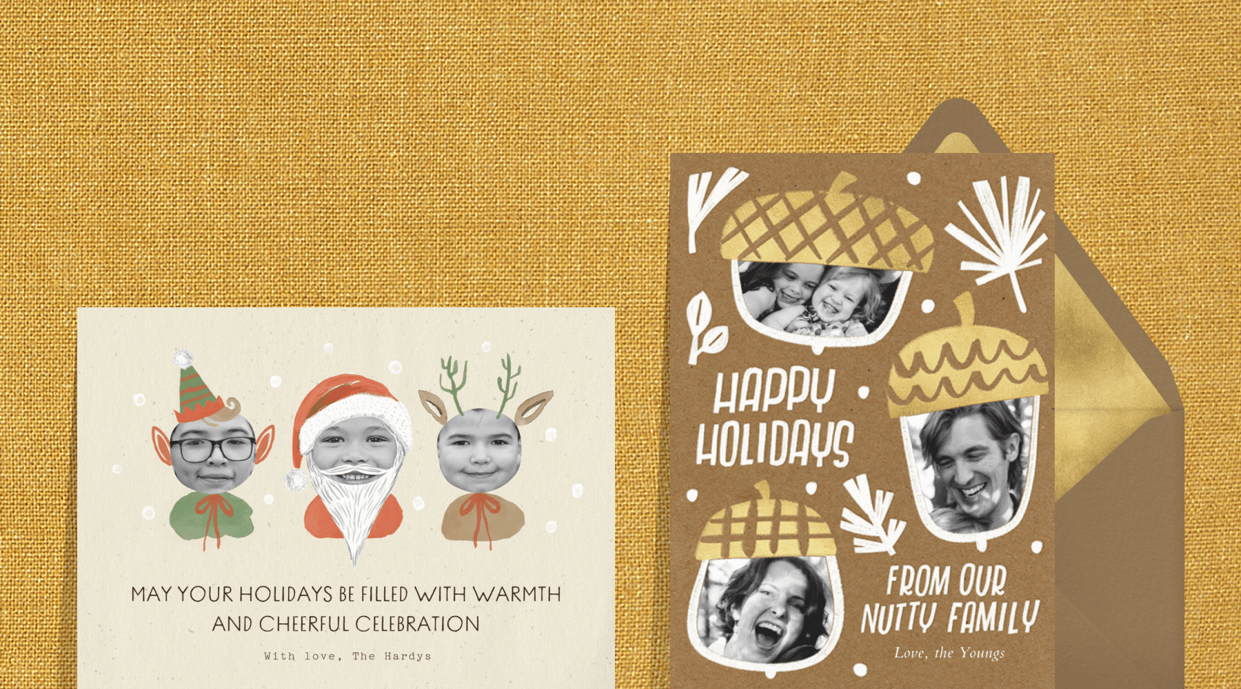 Two holiday photo cards - left: illustration of an elf, Santa and reindeer with photos as the faces, right: illustration of three acorns with photos in the middle.