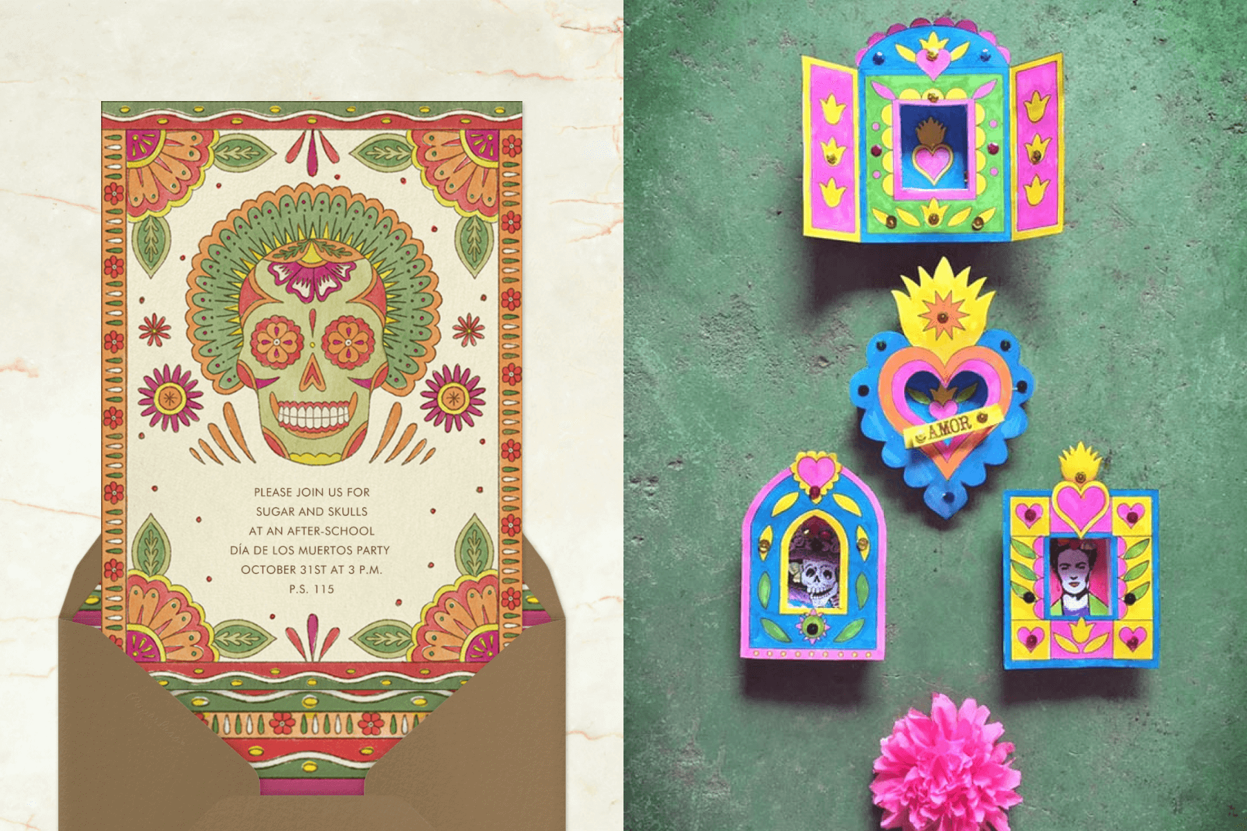 Left: A Dia de Muertos invitation illustrated with a sugar skull and a floral border; Right: Five colorful nichos neatly laid out on a table.
