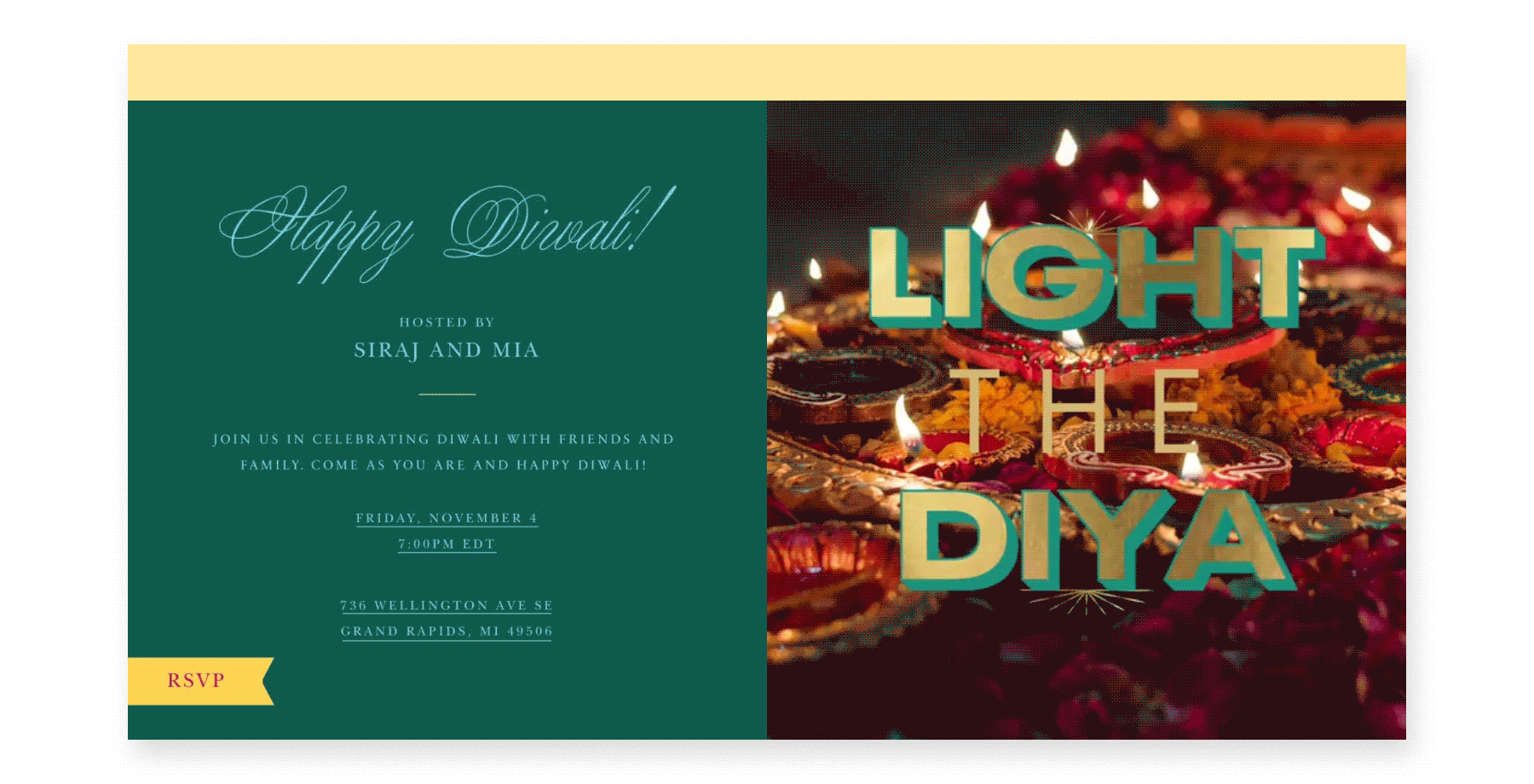 An animated Diwali invitation with the text “Light the Diya” and a background of diyas with shimmering flames.