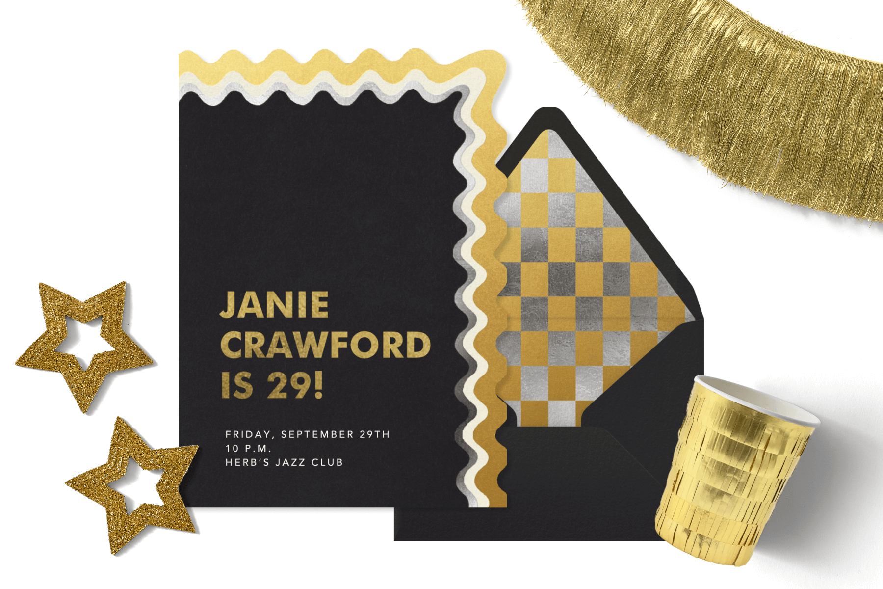 A black invitation with a wavy gold and silver border, gold stars, a gold fringe cup, and gold fringe garland.