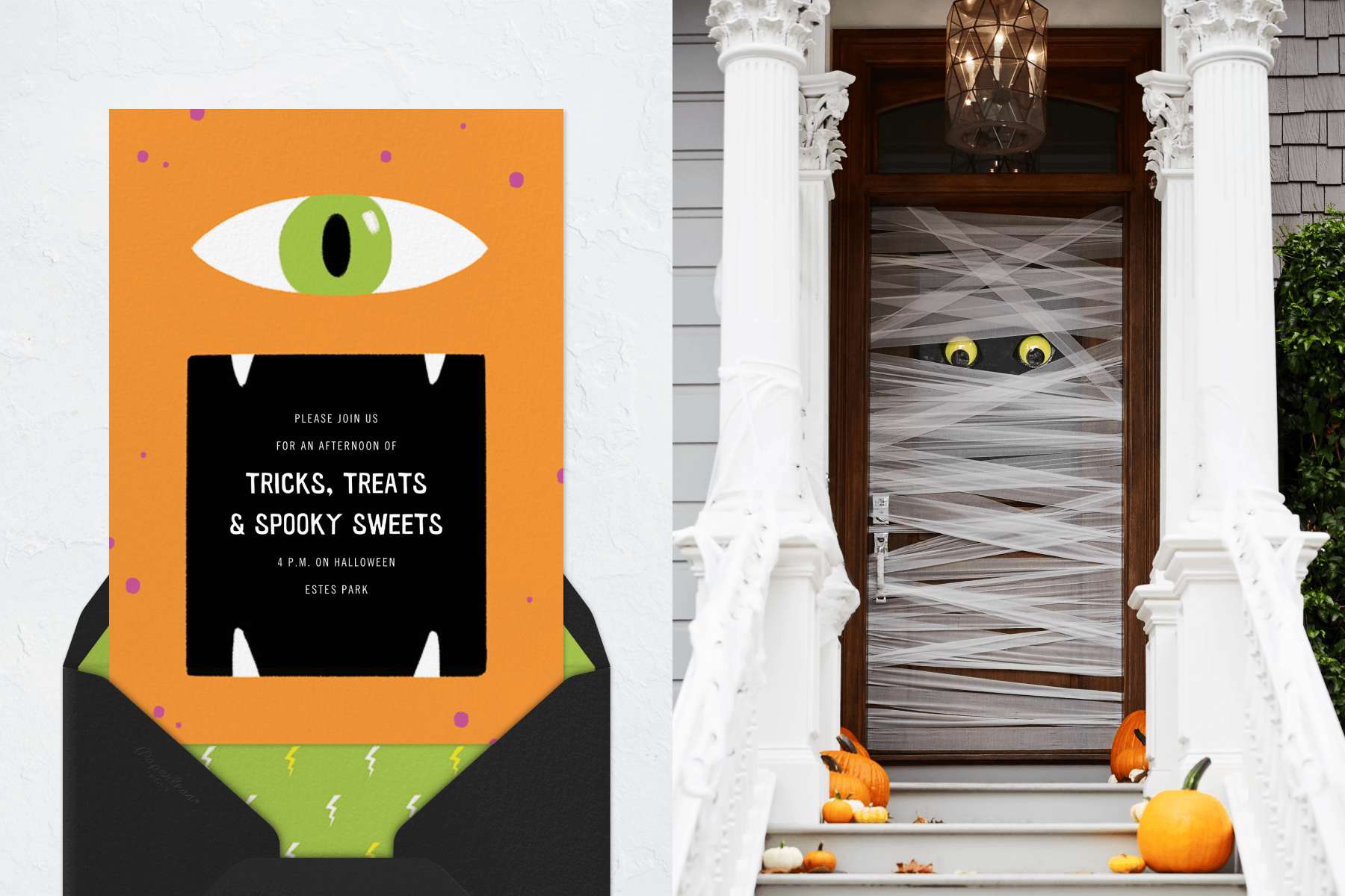 Left: An orange invitation designed to look like a one-eyed monster with the party details in the open black mouth. Right: A front door is decorated with sheer white fabric strips to resemble a mummy with yellow eyes peering out.