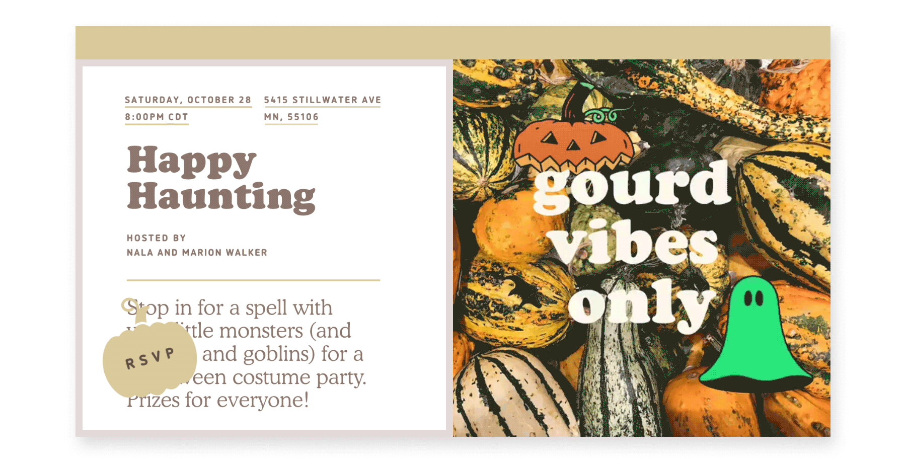 An online invite for “Happy haunting” with a photo of several autumn gourds on the right and animated jack-o-lantern, bat wings, ang a green ghost with the words “gourd vibes only.”