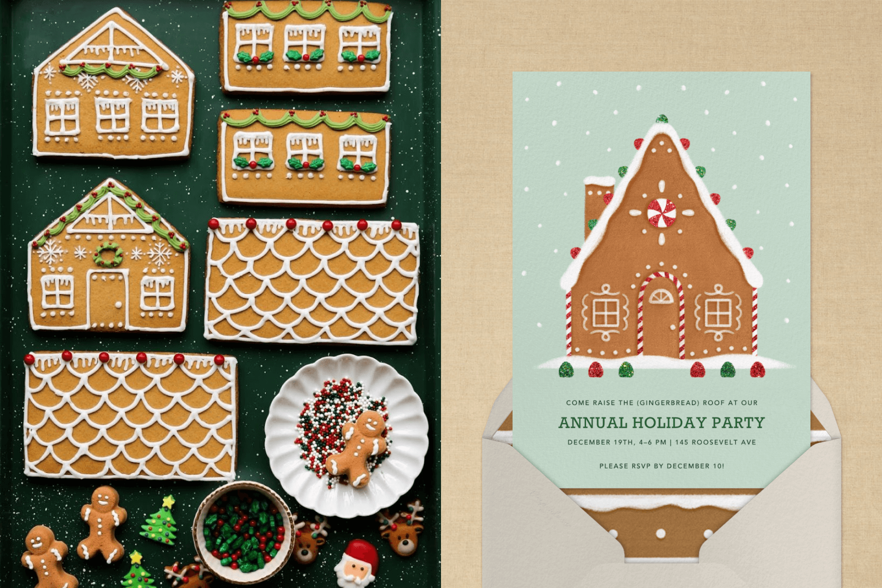 Left: Gingerbread house components; Right: A holiday party invitation with a gingerbread illustration.