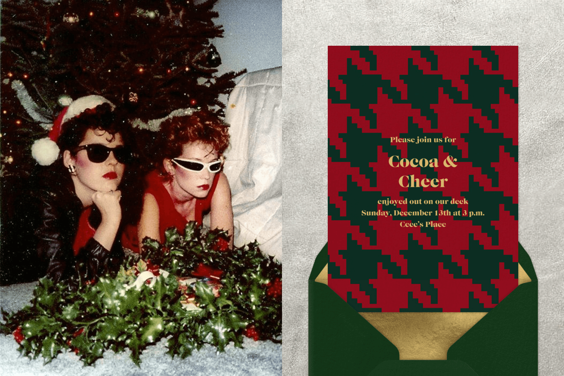 Two women in 1980s Christmas-themed attire plus sunglasses with a pile of holly leaves; an invitation with oversized red and green houndstooth pattern.