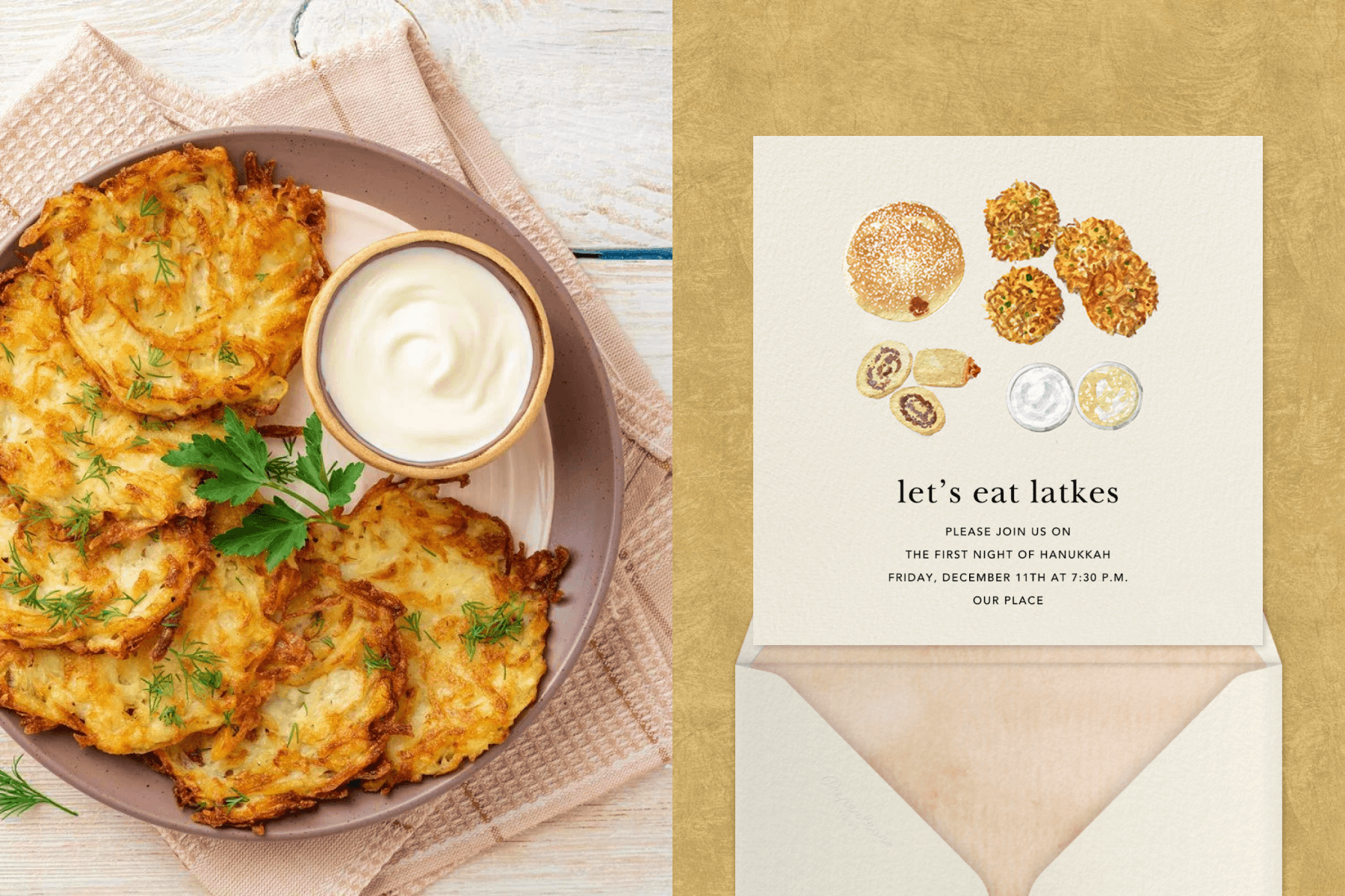 Left: Latkes and sour cream on a pink dish. Right: A Hanukkah invitation with latkes, jelly doughnuts, and dips above an envelope.