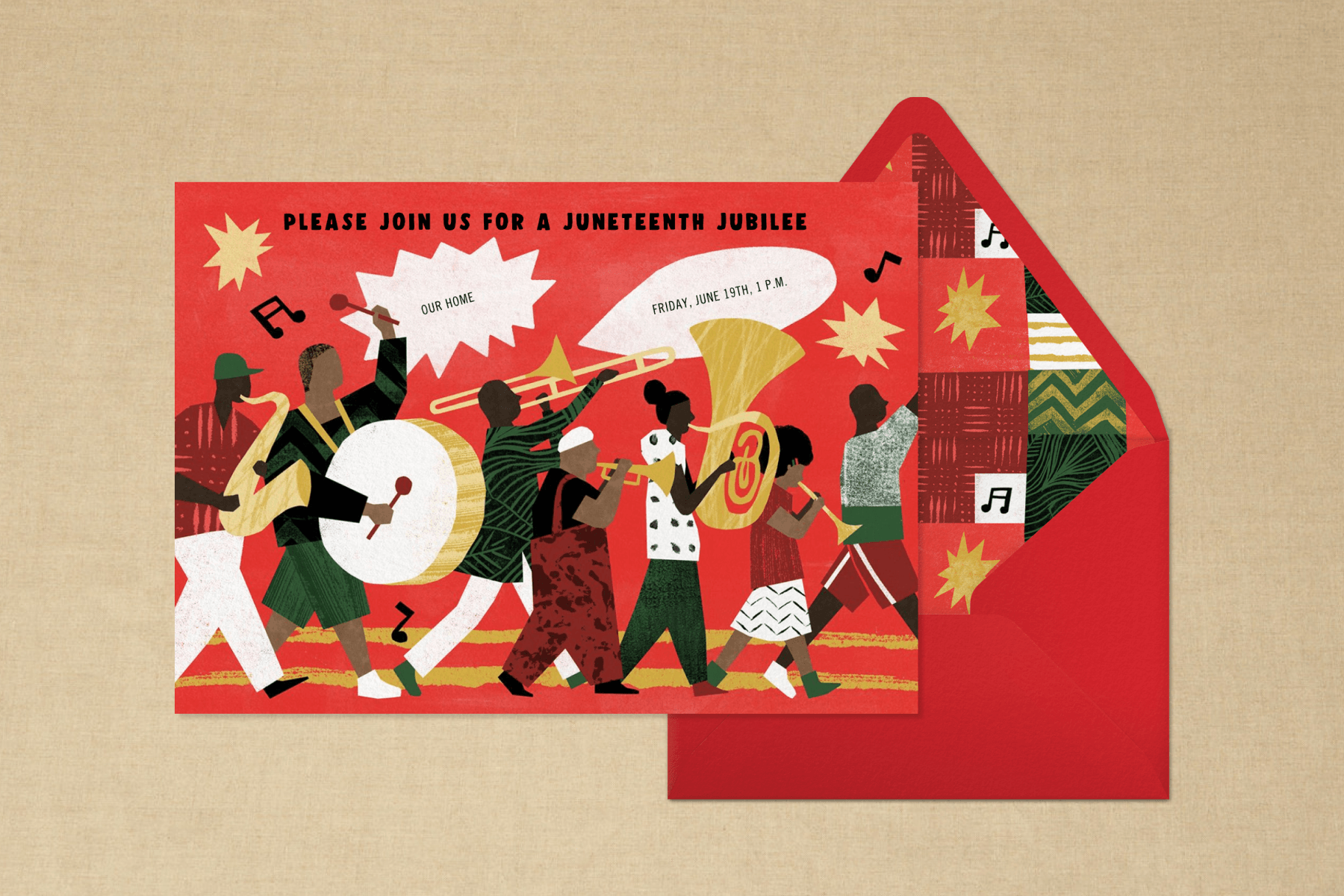 A red Juneteenth jubilee invitation with illustrations of a marching band atop a red envelope with a music note-motif color block patchwork interior against a textured cream-colored backdrop.