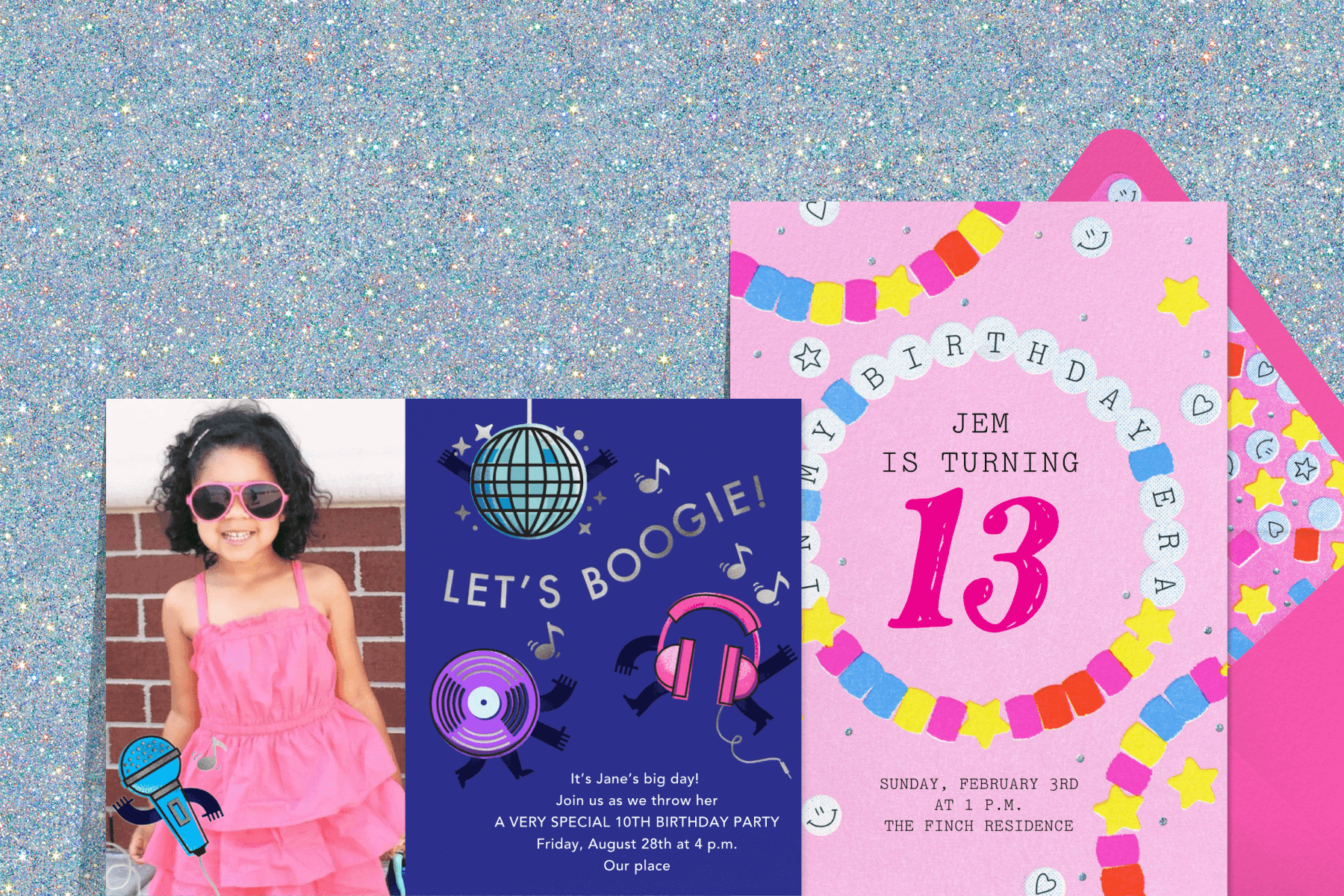 Two invitations for birthday parties on a sparkly backdrop: On the left, a photo card that reads ‘Let’s boogie’ with a disco ball, microphone, and record; On the right, a pink invitation featuring an illustrated friendship bracelet which reads ‘In my birthday era’. 