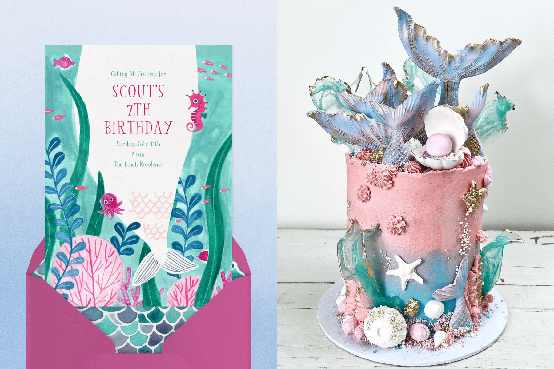 Invitation with an underwater scene and party details in a white mermaid tail; a pink cake with sea shells and mermaid tails on top.