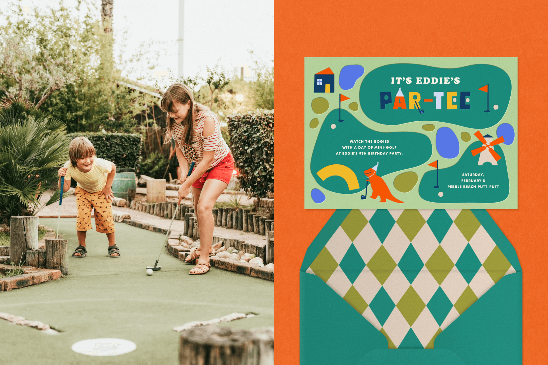 A young boy and girl play miniature golf; an invitation for a ‘par-tee’ resembles a mini golf course.