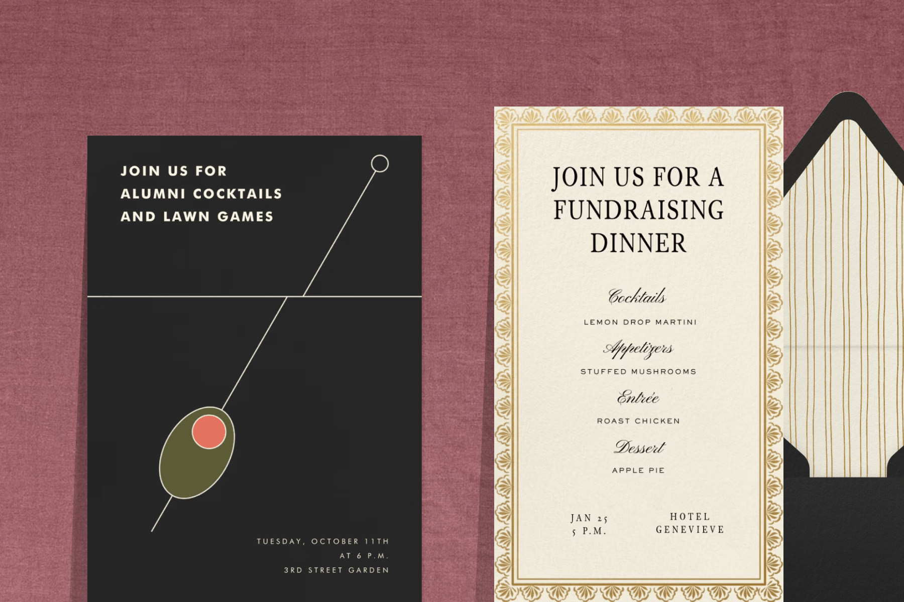  Left: A black alumni cocktail party invitation with olive garnish imagery against a textured red background. Right: A gold-trimmed fundraising dinner invitation next to a black envelope with interior stripe detailing against a textured red background.