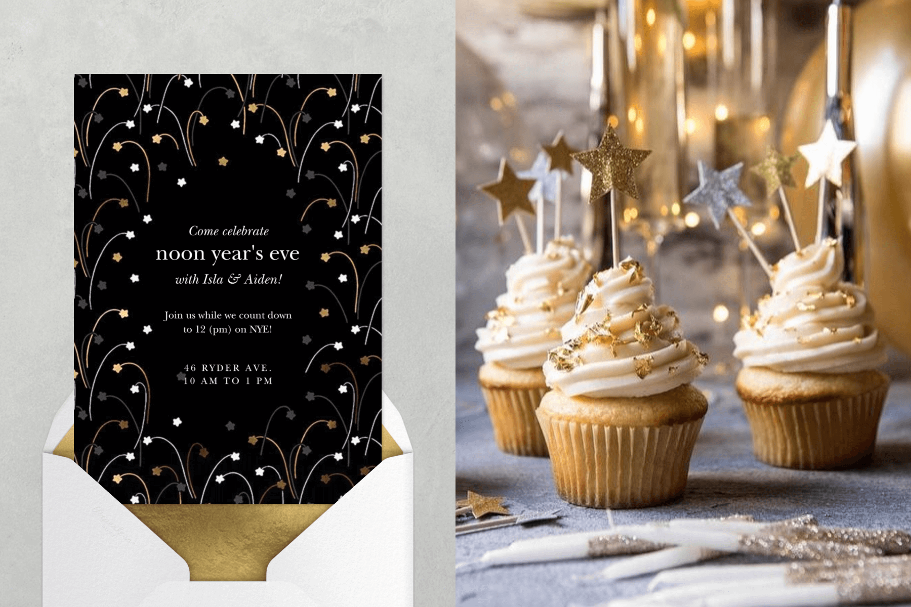 A black invitation with gold and silver stars on stems, resembling flowers; cupcakes with gold foil and metallic star toppers.