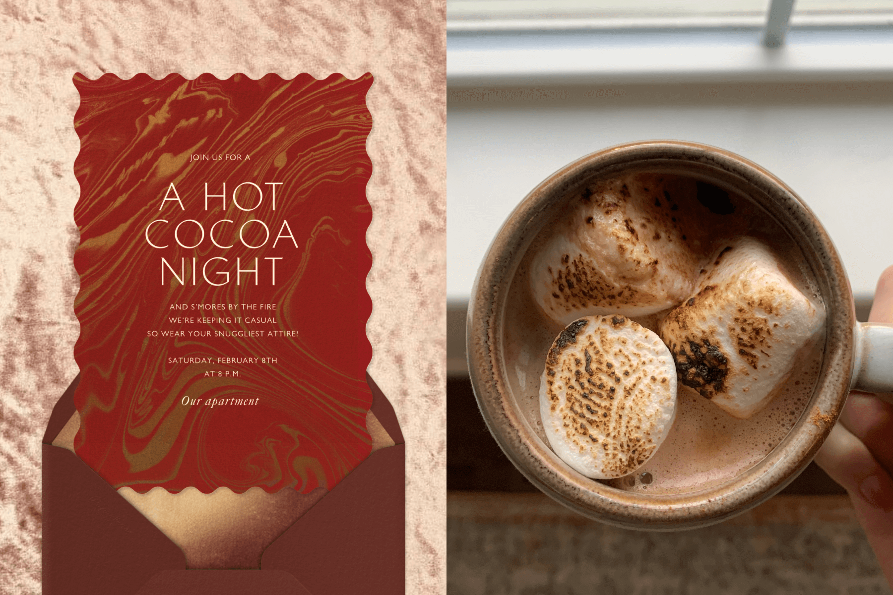 An invitation for a hot cocoa party featuring a red background with gold swirls paired with a brown envelope; A mug of hot cocoa with toasted marshmallows.