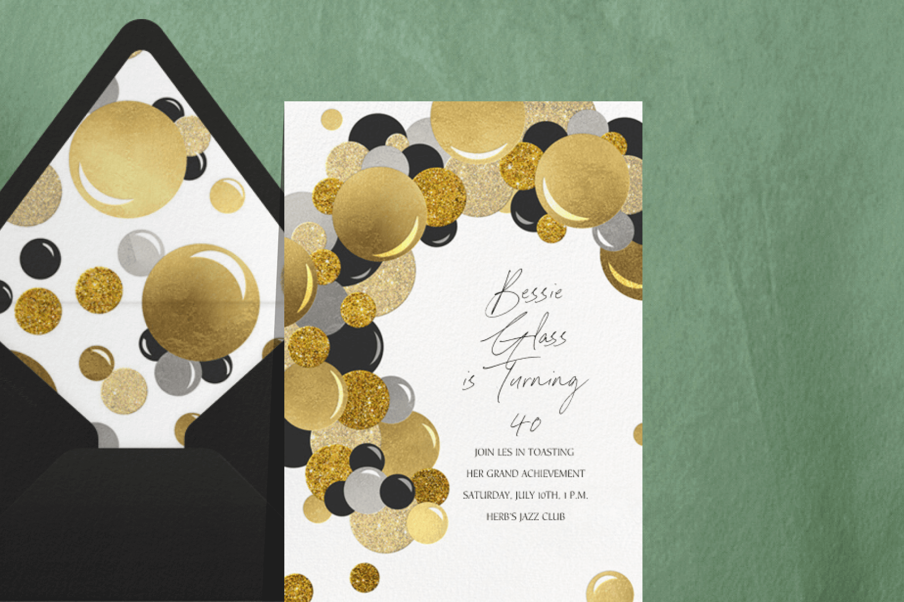 An adult birthday invitation featuring gold, silver, and black balloons.