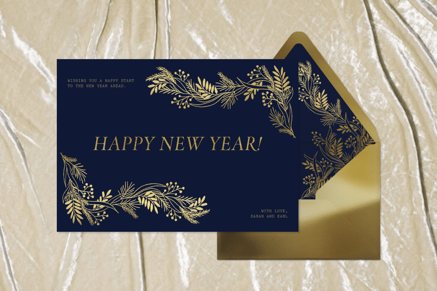 A navy blue New Year card with golden floral motifs and the words "Happy New Year!"