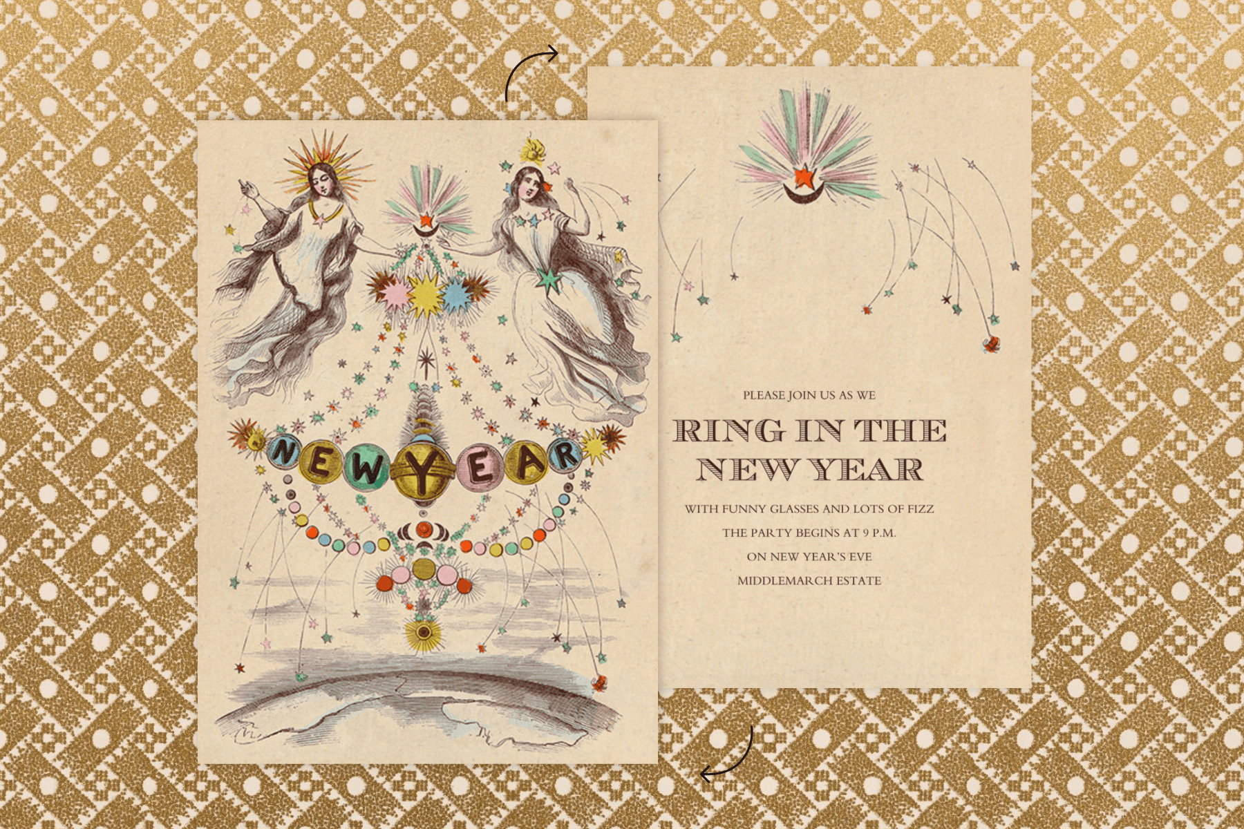 An invitation with two angels floating above colorful ornaments that spell out “NEW YEAR,” plus the flip side with party details.