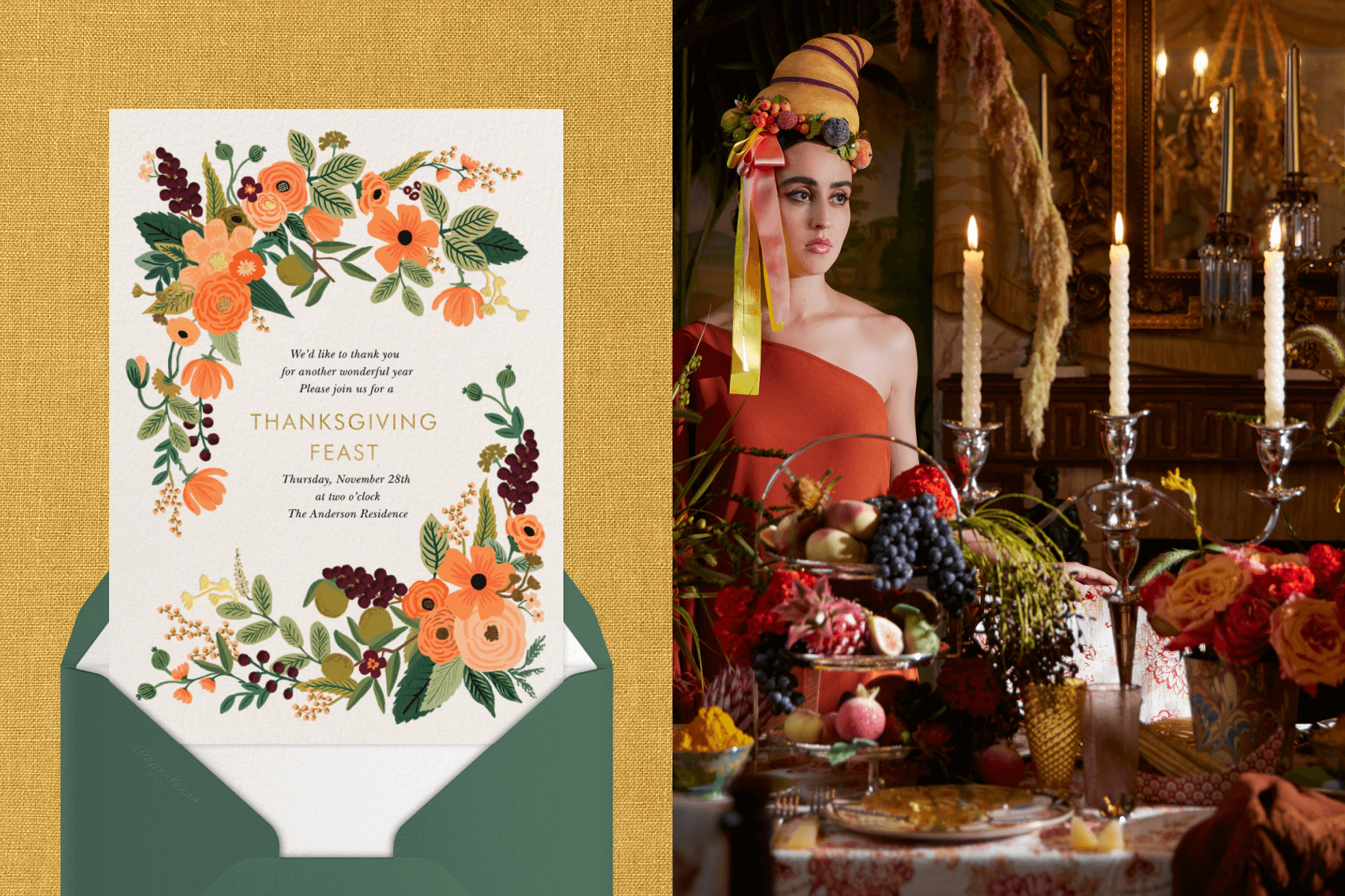 Left: A Thanksgiving invitation has a wide border of illustrated otange, purple, pink, and green florals. Right: A woman wearing a cornucopia hat stands behind a table dripping with fruit and flowers with twisted taper candles.