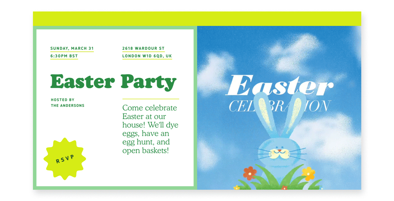 An animated Easter invite with a bunny peaking out from behind a bush and the words “Easter celebration.”