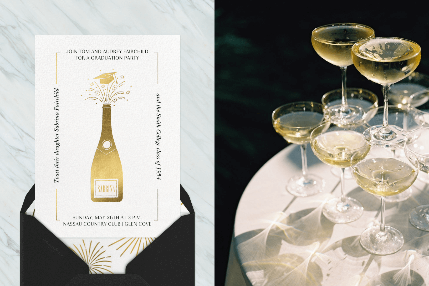 an invitation with a gold mortarboard above a popped gold Champagne bottle; a low stack of filled coupe glasses on a table