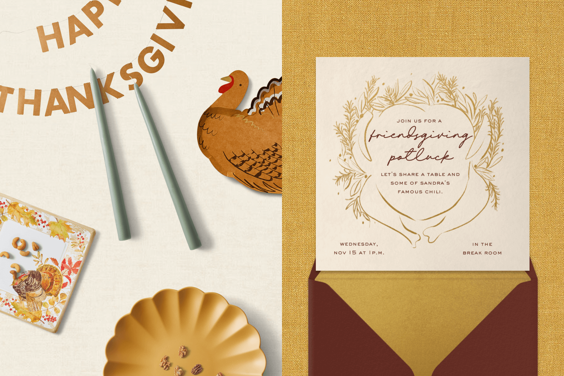 Left: A happy Thanksgiving banner, green taper candles, turkey plate, and scalloped plate. Right: A square Friendsgiving potluck invitation with a gold outline of a roast turkey.