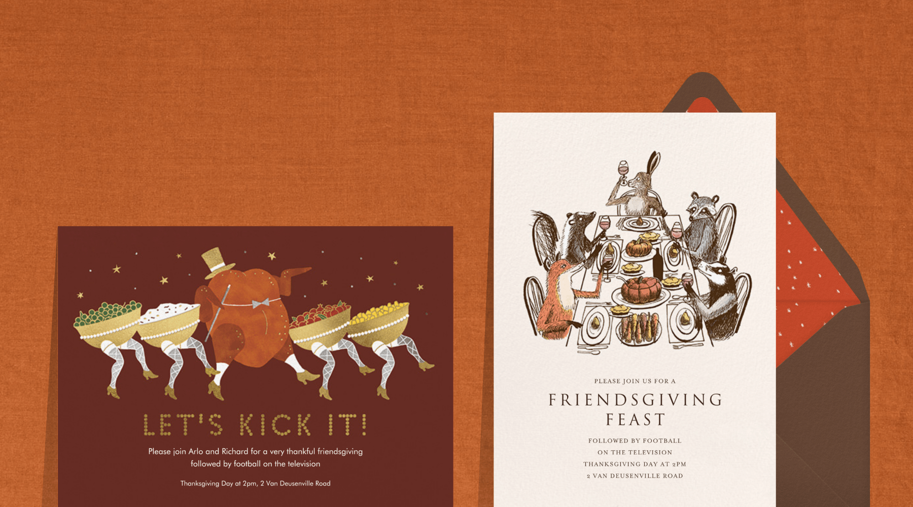 Two invitations. The left reads “Let’s kick it!” with a cooked turkey in a top hat and bowtie dancing between four Thanksgiving side dishes with legs. Right says “Friendsgiving feast” and shows five forest animals at a Thanksgiving dinner table.