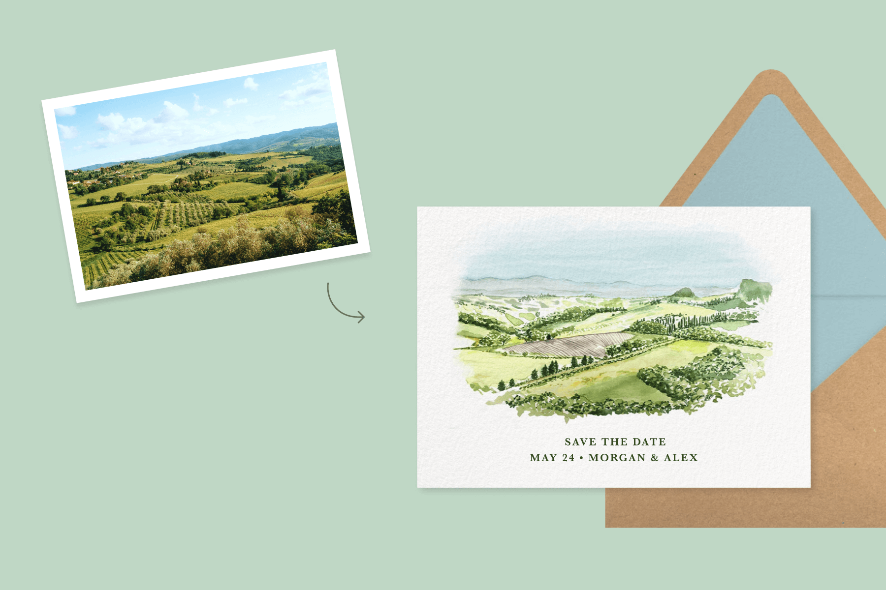 A light green background featuring a photograph of rolling green hills next to an invitation with the illustration of the rolling green hills with a brown envelope and blue envelope liner.