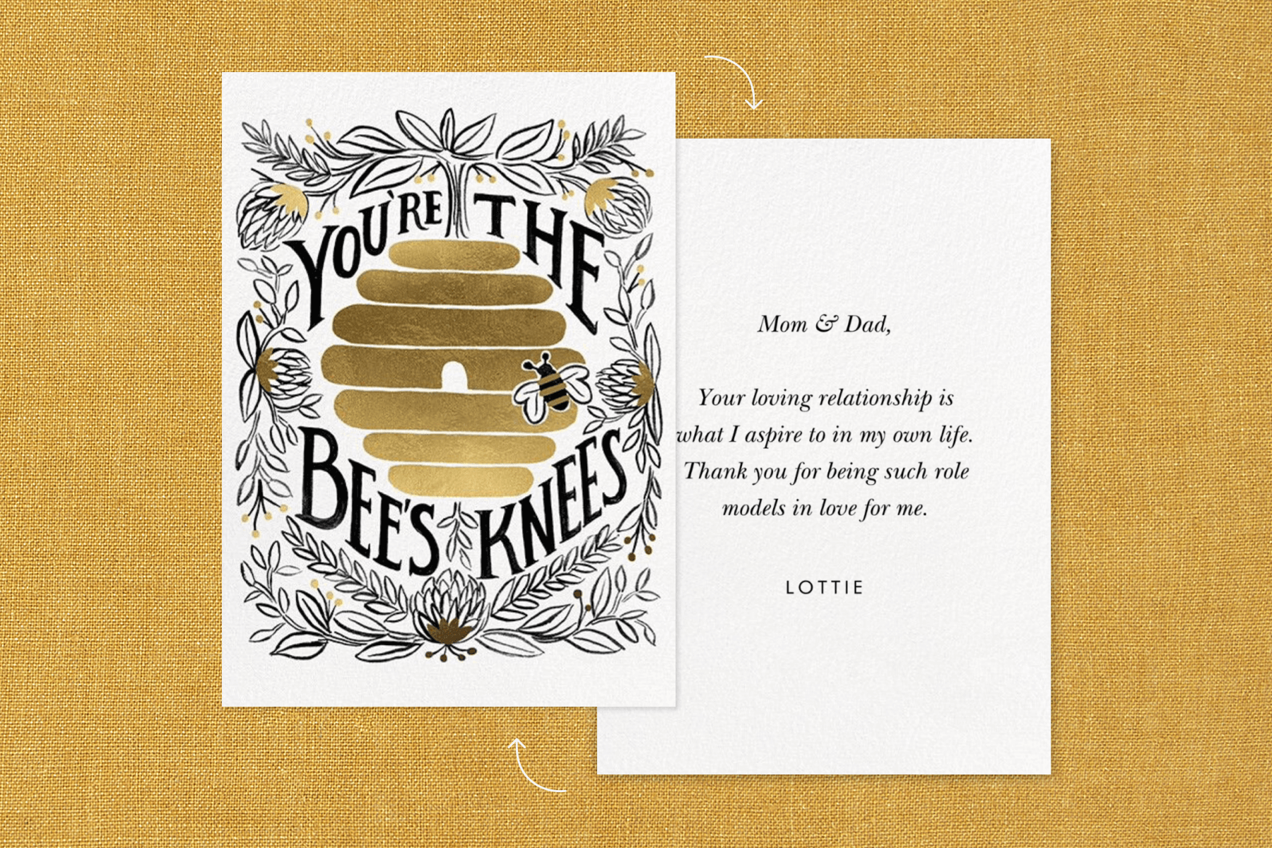 The front and back of a card with a gold beehive and the words ‘you’re the bee’s knees.’
