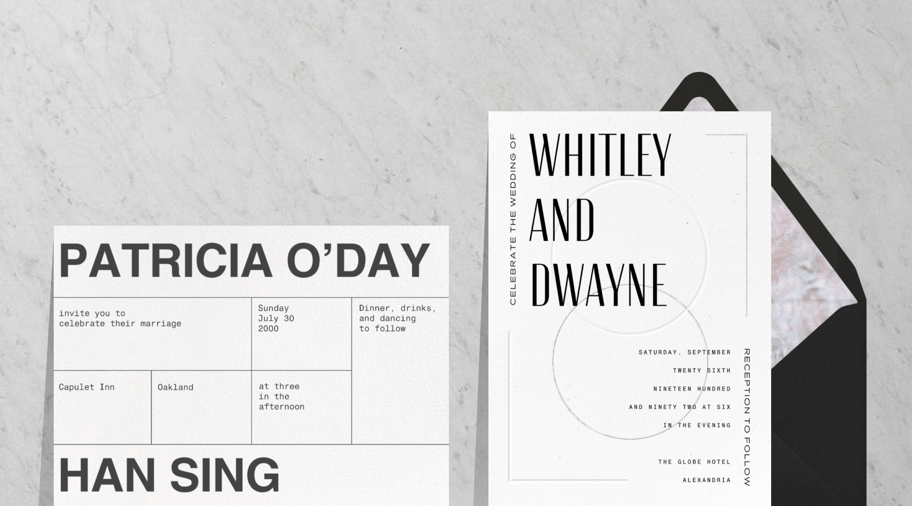 Two typography-forward wedding invitations side by side.