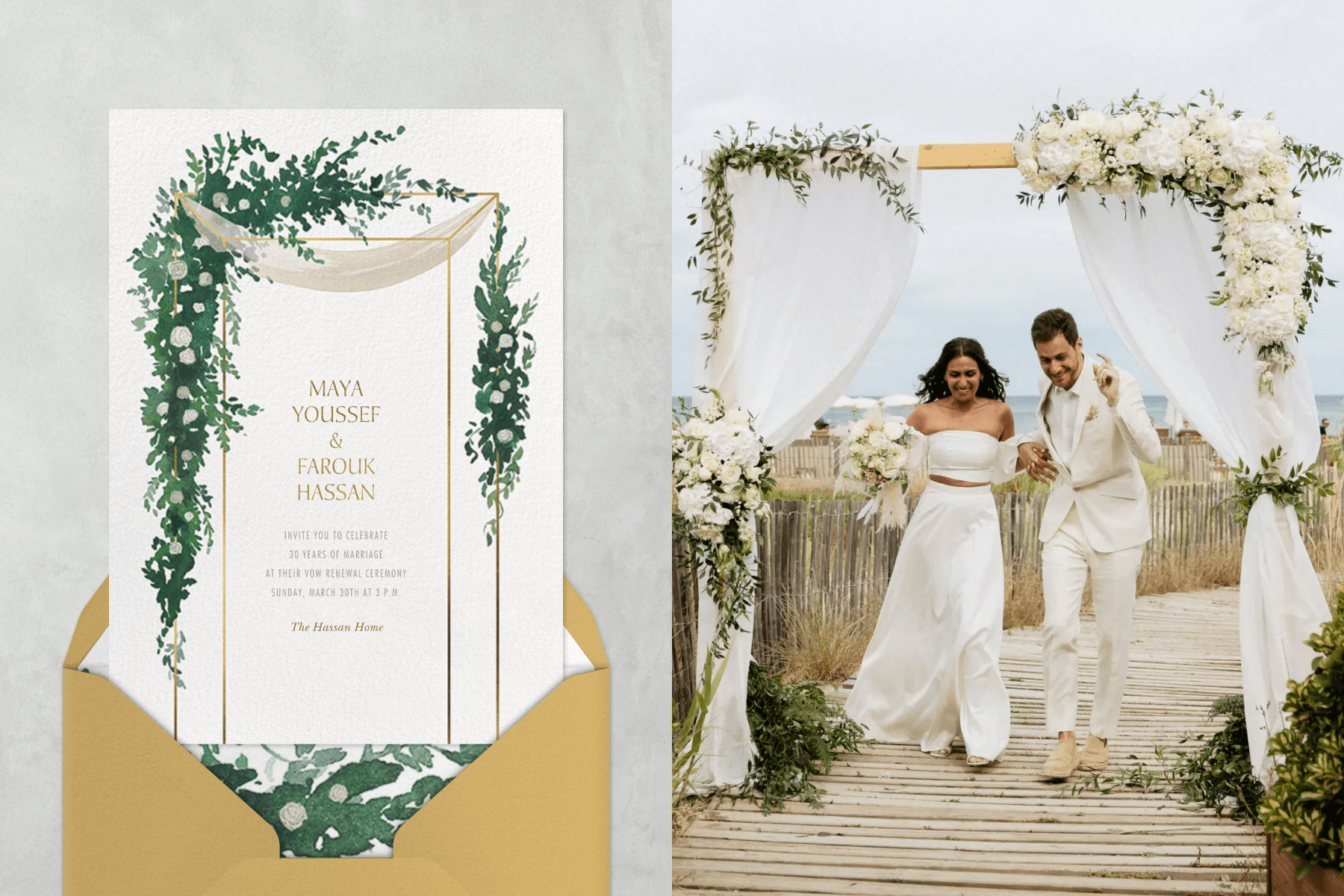Left: A wedding invitation with a thin gold wedding canopy draped with sheer white fabric and greenery installations. Right: a newly wed couple dressed in white walk in a celebratory fashion on a beach boardwalk under a wooden frame with sheer white curtains and white floral installations.