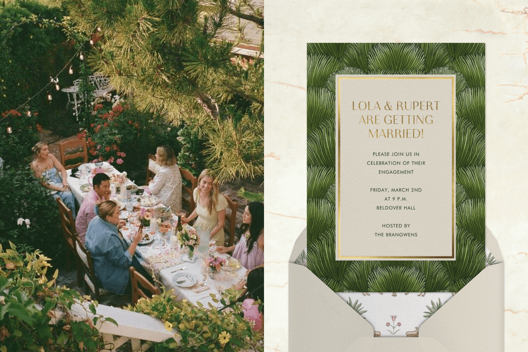 Left: Guests sitting at a lush garden party table; Right: An engagement party invitation with a border of tropical leaves.