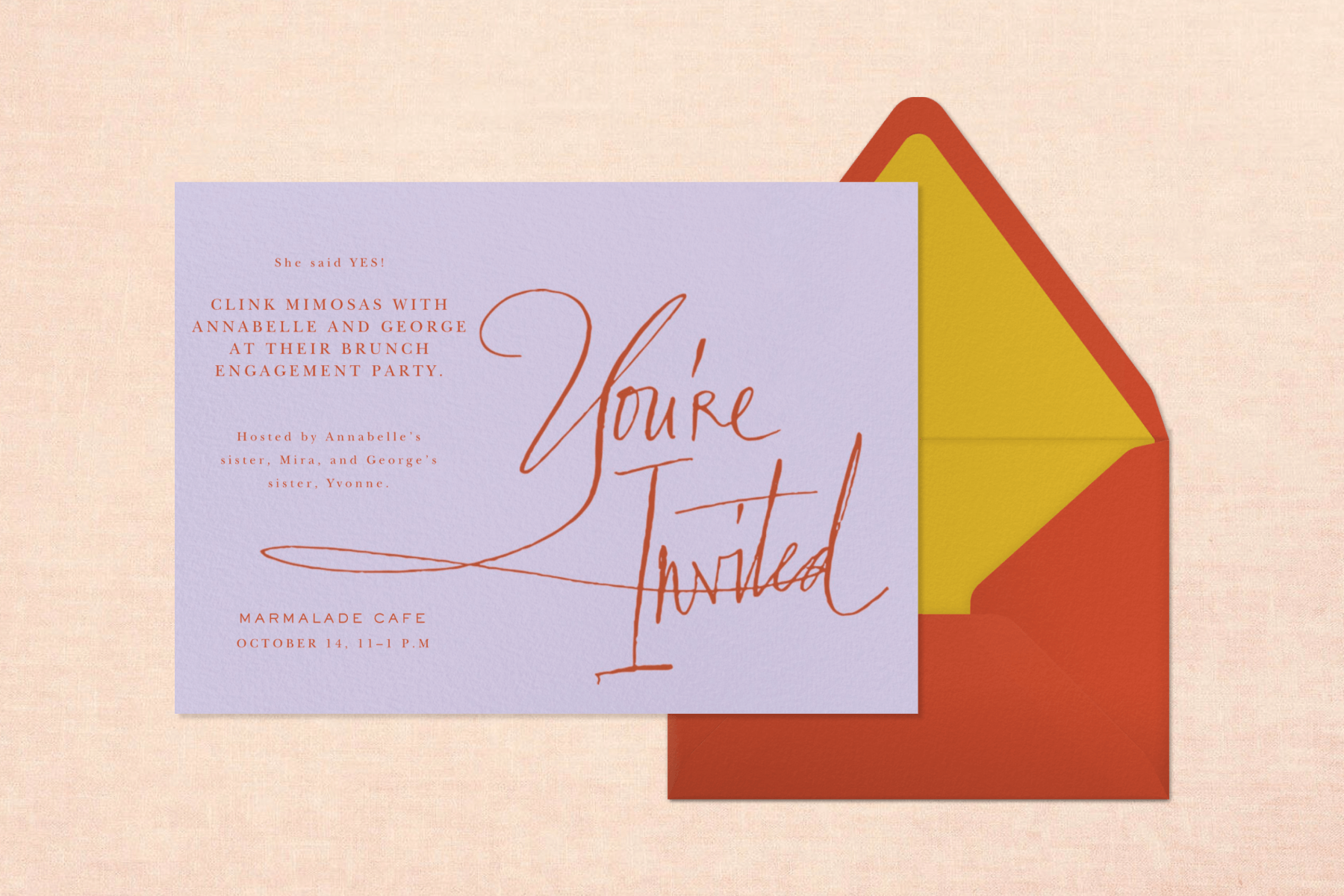 A lavender engagement party invitation with large calligraphic script that reads “You’re Invited” with a burnt orange envelope.