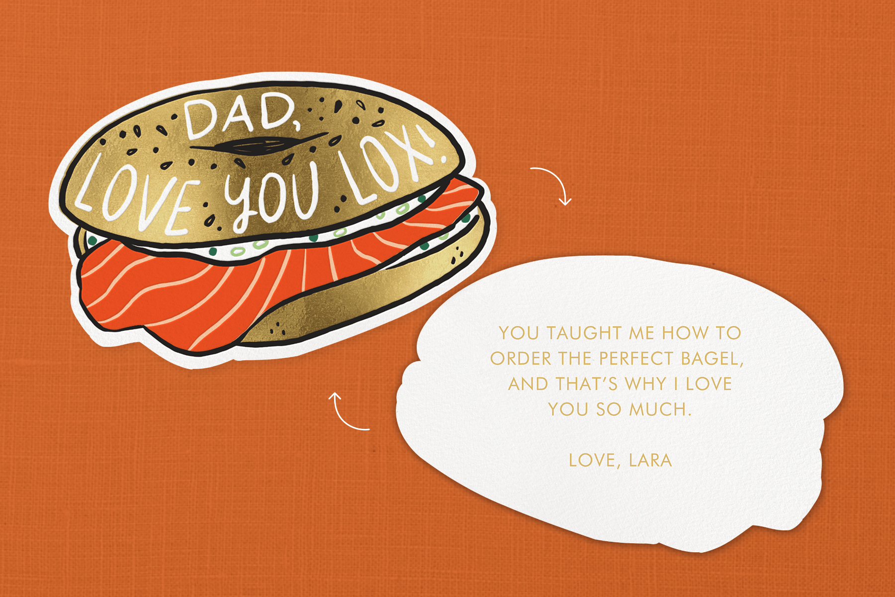 Left: The front of a lox bagel-shaped Father’s Day card with the phrase “Dad, love you lox” and an arrow that points toward the back of the card against a textured terracotta backdrop. Right: The back of a lox bagel-shaped card with a heartfelt message about dads teaching loved ones the perfect bagel order against a textured terracotta backdrop.